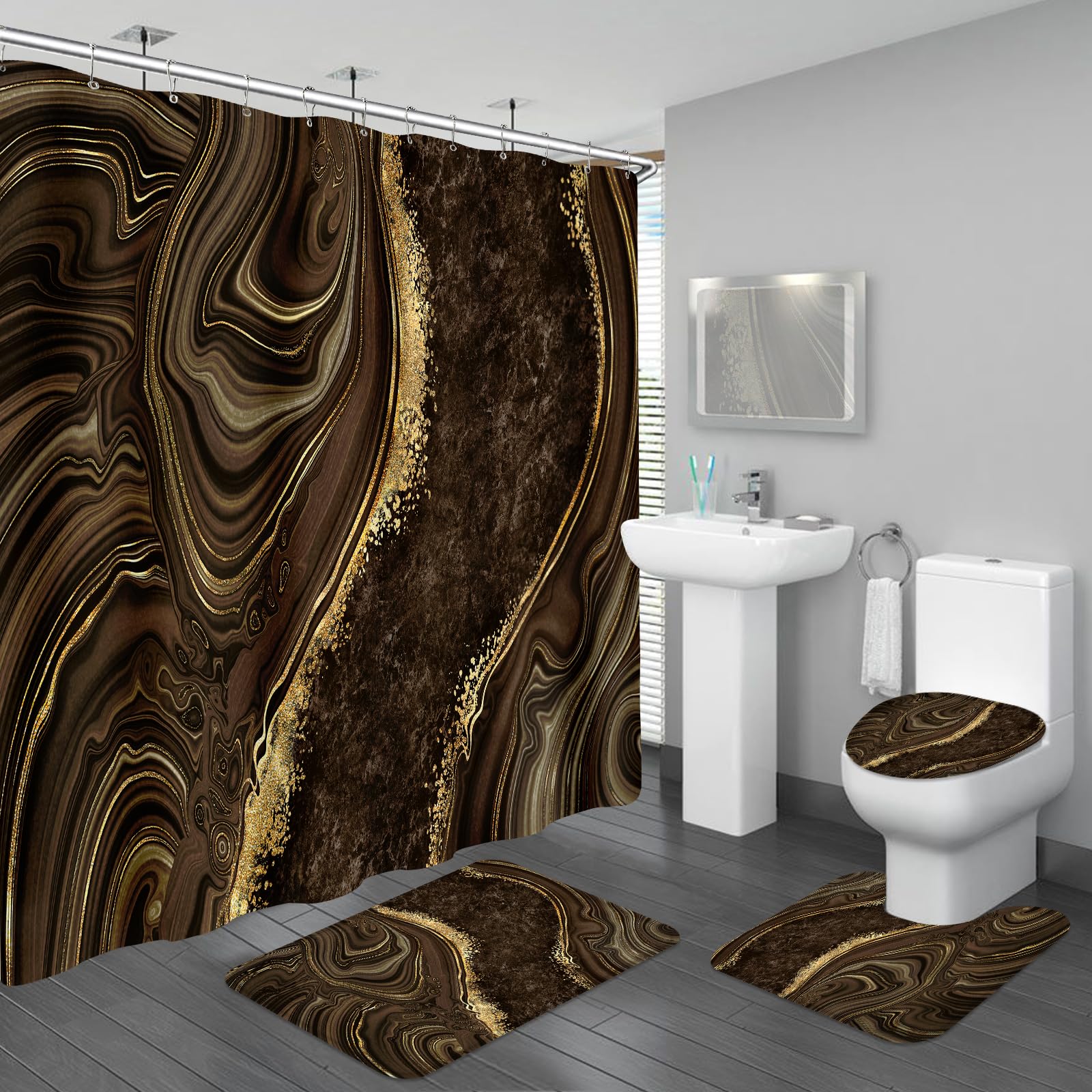 4PCS Brown Marble Shower Curtain Sets with Rugs, Modern Bathroom Set