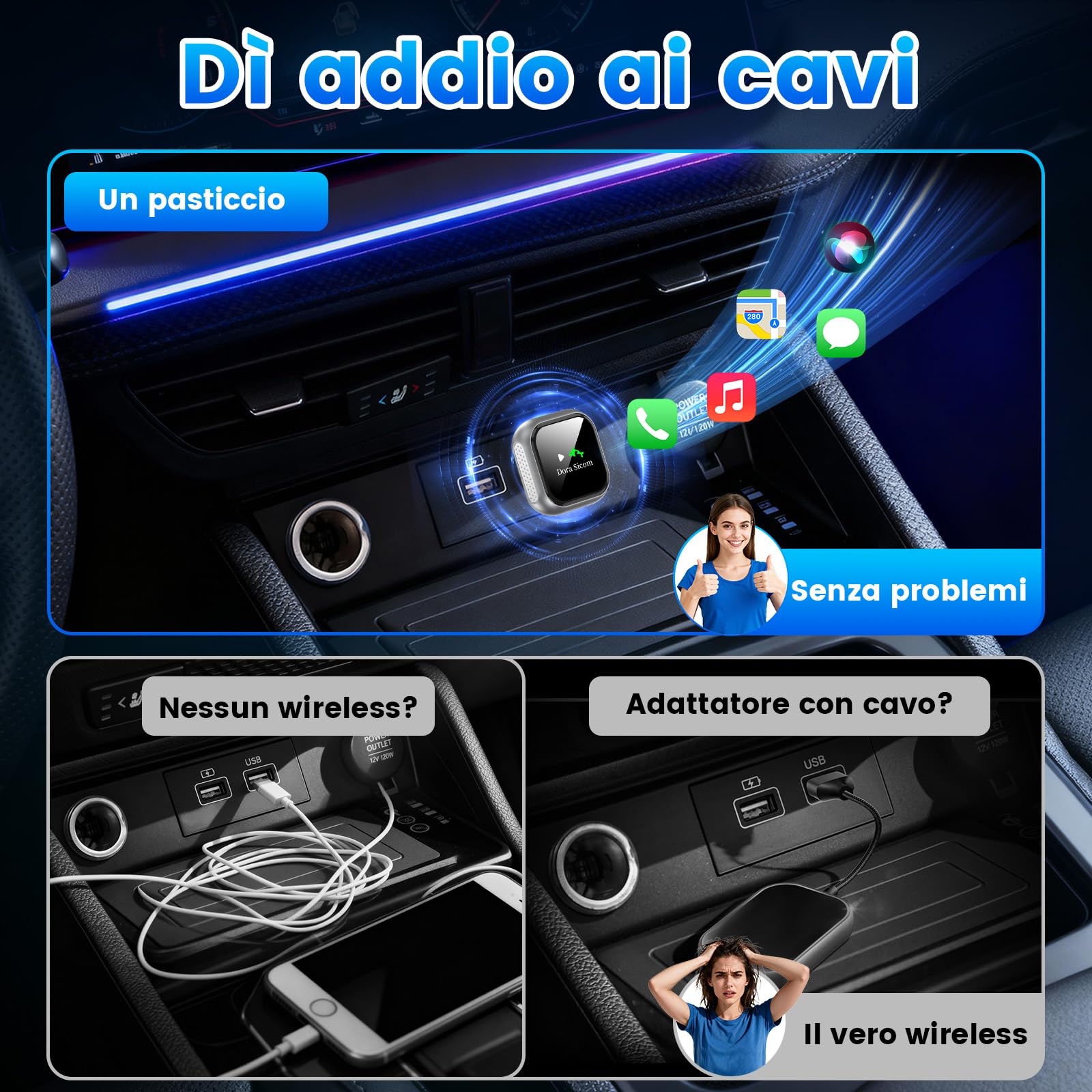 Dora Sicom [2026 update] Wireless CarPlay Adapter, Adattatore Wireless Android Auto,2 in 1，Adattatore CarPlay Adapter, Car Play per Auto,Plug & Play, USB&C, 5Ghz，compatibile con veicoli dal 2016