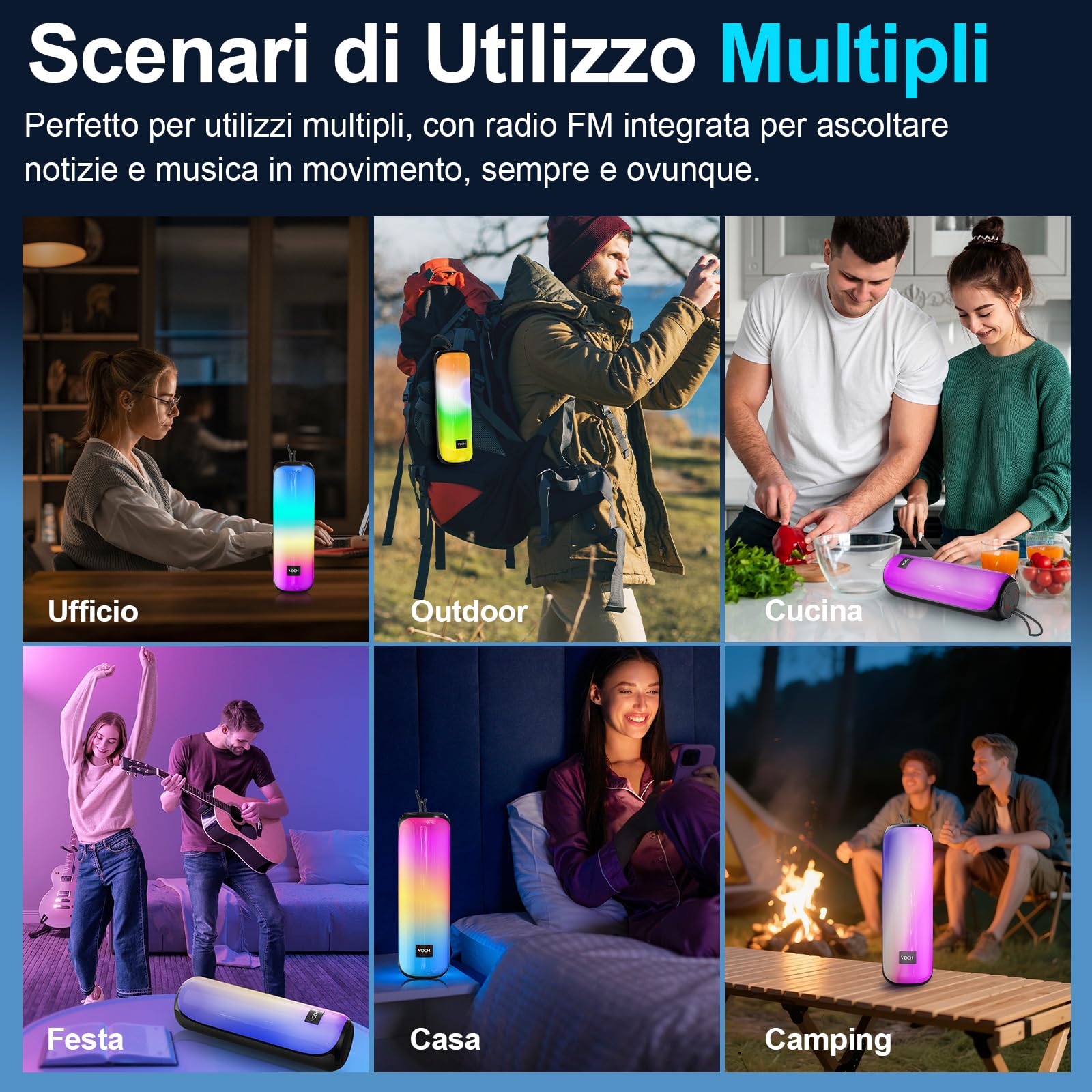VOCH Cassa Bluetooth Portatile con Luce LED RGB, 40W Stereo Potente Altoparlante Bluetooth 5.3, Accoppiamento TWS, IPX7 Impermeabile, 20 Ore di Riproduzione per Esterno, Feste, Camping, Casa, Viaggi