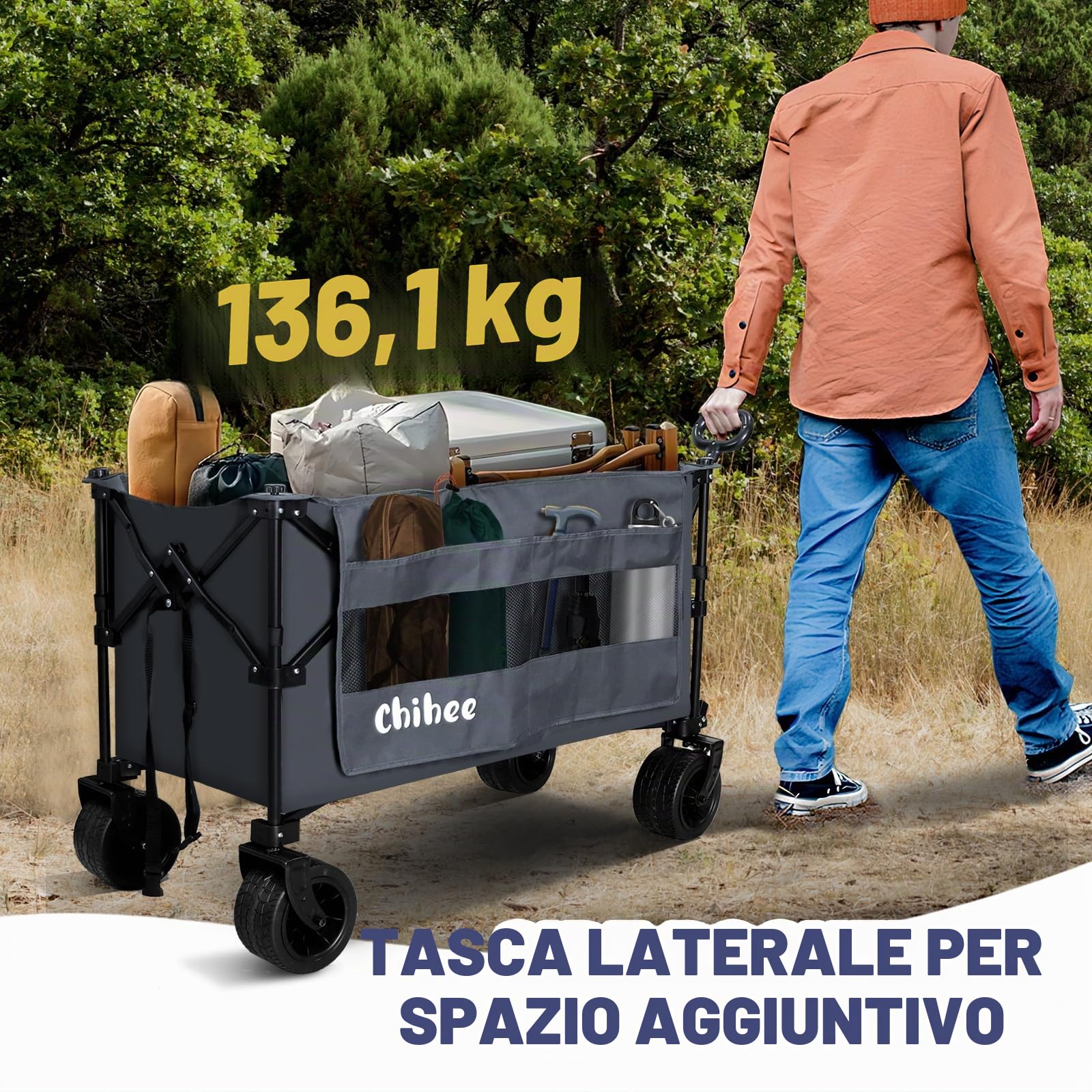 Chihee Utilità Carrello per vagoni,Carrello da spiaggia pieghevole Grande capacità 254L,Portatile Carro Ruote per tutti i terreni Tasca laterale sovradimensionata 2 portabevande per il campeggio