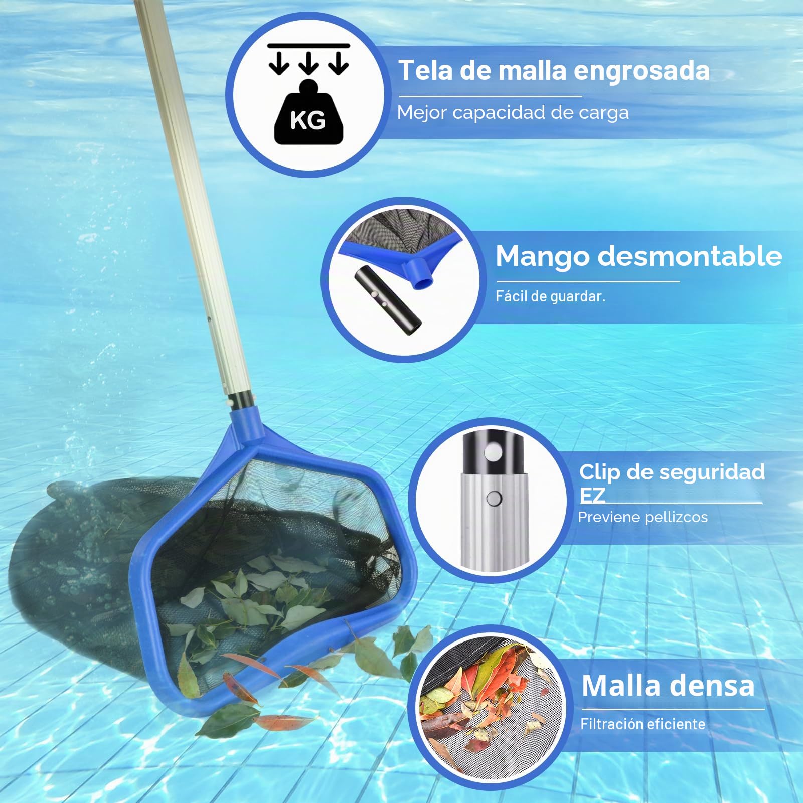 WELDUN Red para Piscina, Red para Skimmer de Piscina con Bolsa Profunda de Doble Capa, Red para rastrillo y Skimmer de Hojas para Piscina con Malla Fina, Azul (sin Poste)