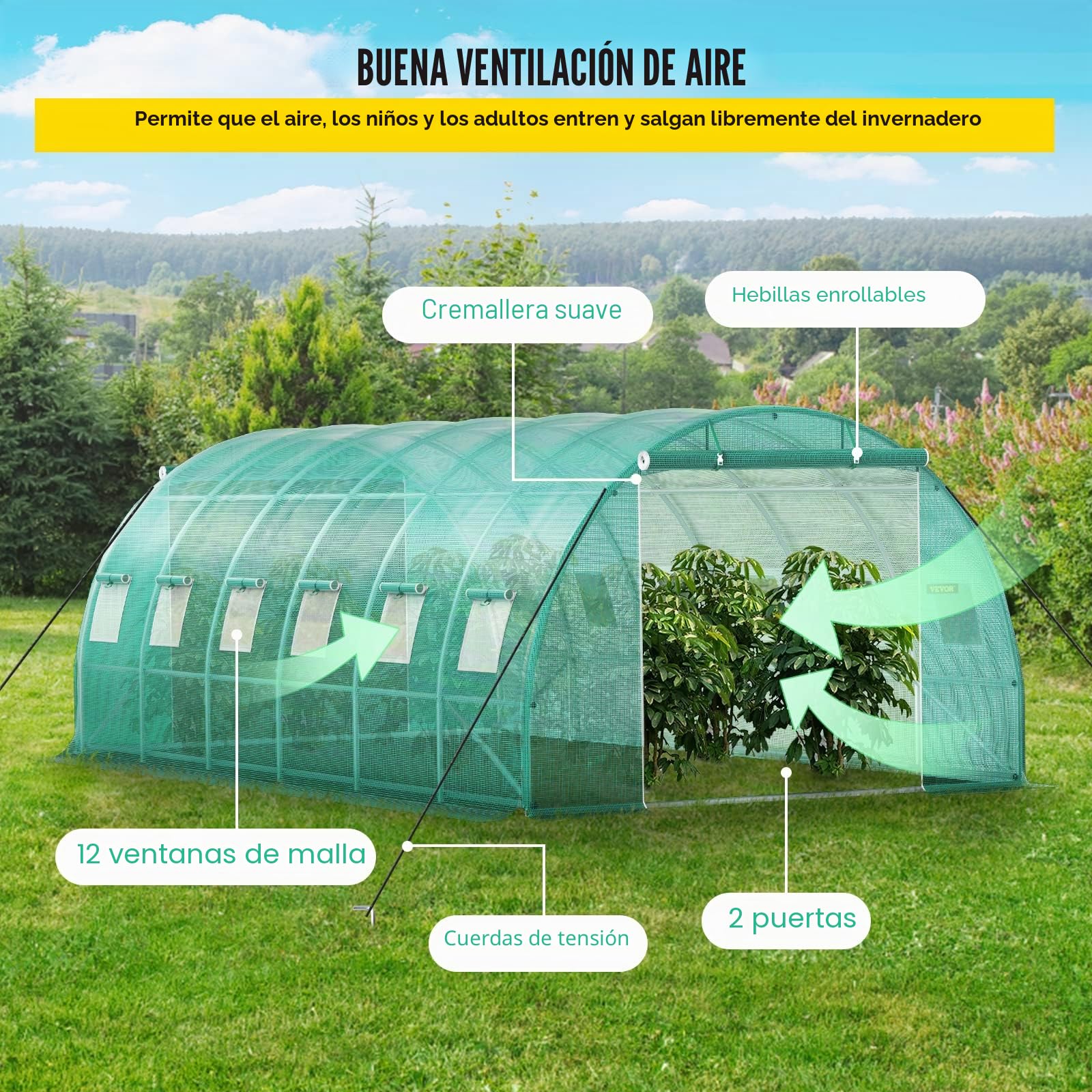 VEVOR Invernadero de Techo arqueado, 6,1 x 3 x 2,1 m, Marco de Acero galvanizado y Lona de Polietileno, túnel de Invernadero, Resistente al Agua y a los Rayos UV, Ideal para el Cultivo de Verduras y