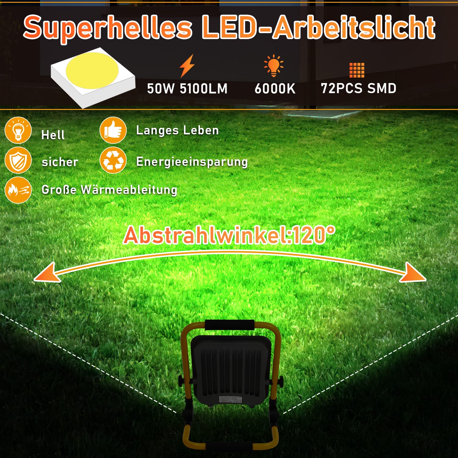 Foco de Trabajo LED,2piezas 50W Foco LED Portátil 5100LM 6000K Luz Blanca,con Soporte plegable, Luz de Trabajo Cable 3M con Enchufe, Impermeable IP66 Uso en Interiores y Exterior (M2-GGP8789x)
