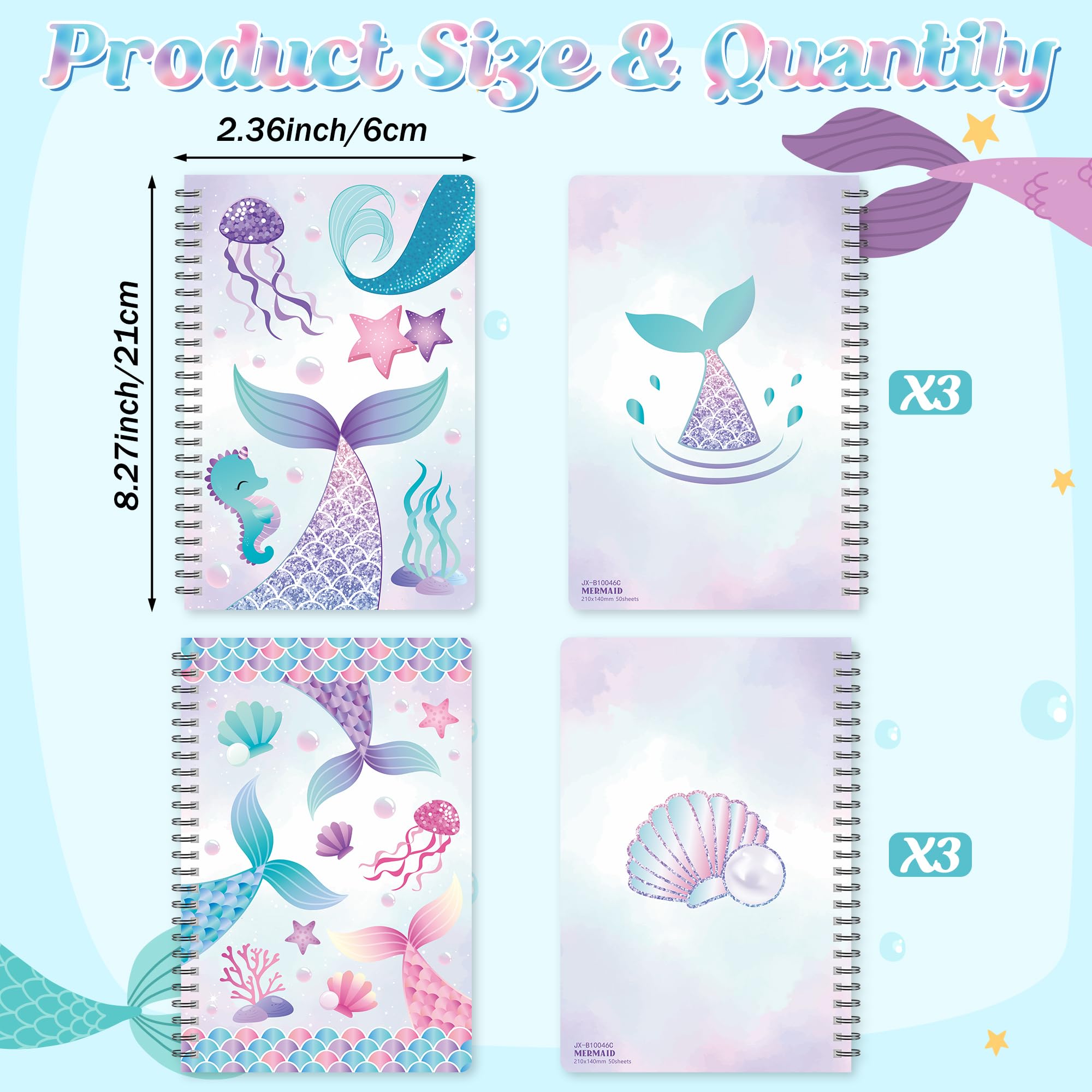 B1ykin Quaderno a spirale a forma di sirena, 50 fogli, 100 pagine, formato A5, con rilegatura a spirale, per scuola, università, ufficio, viaggi, regalo per ragazze e donne (confezione da 3)