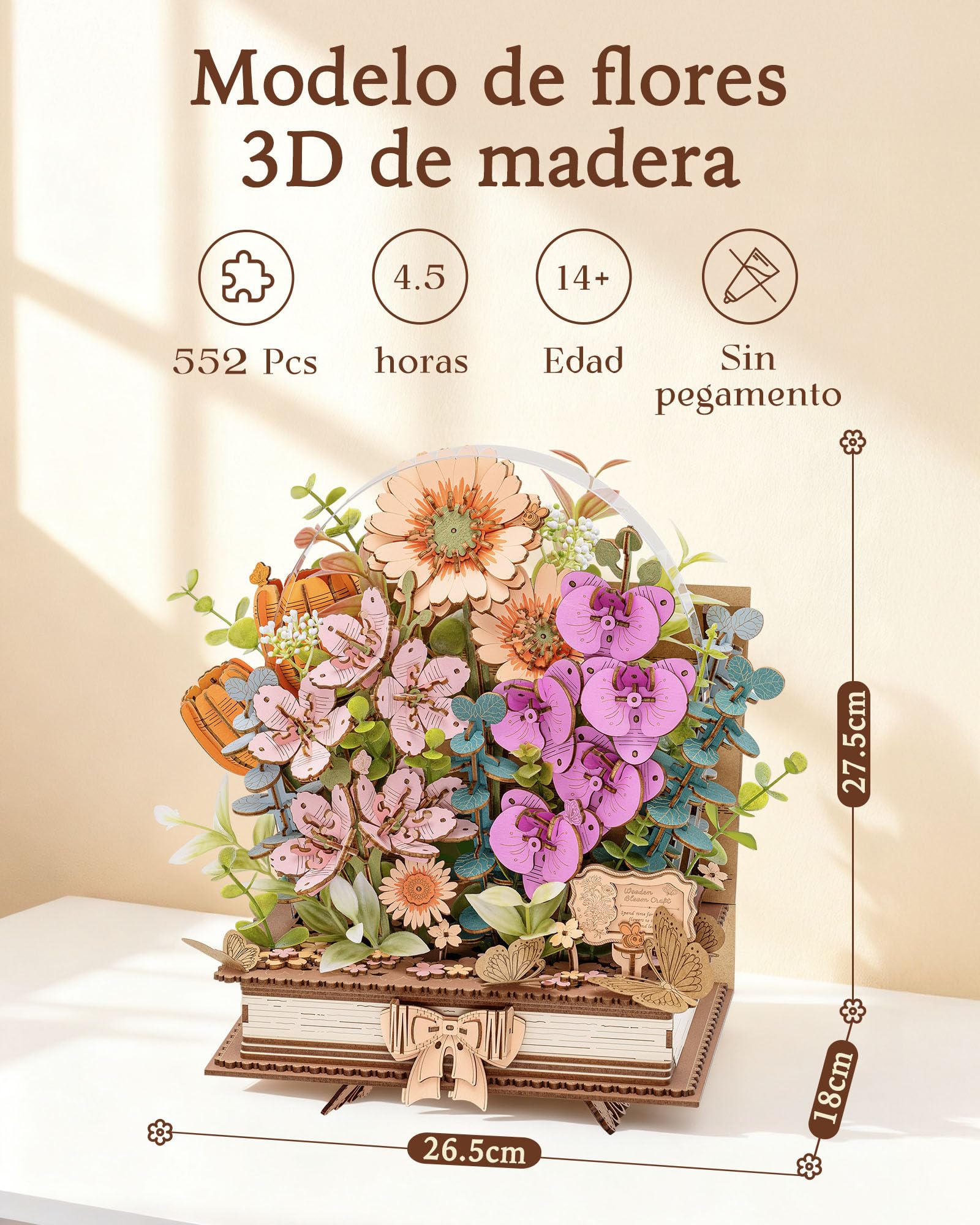 ROWOOD Rompecabezas de madera 3D con flores, libro de floración, ramo de flores DIY, kit de manualidades creativas para adultos, rompecabezas de flores de madera decorativas, regalo para mujeres y