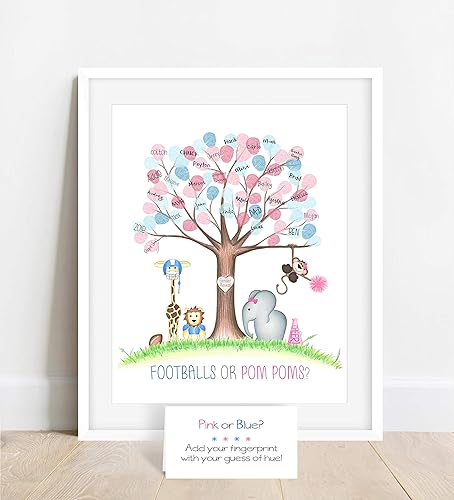 Footballs or Pom Poms Gender Reveal Party Fingerprint Tree with Jungle Animals