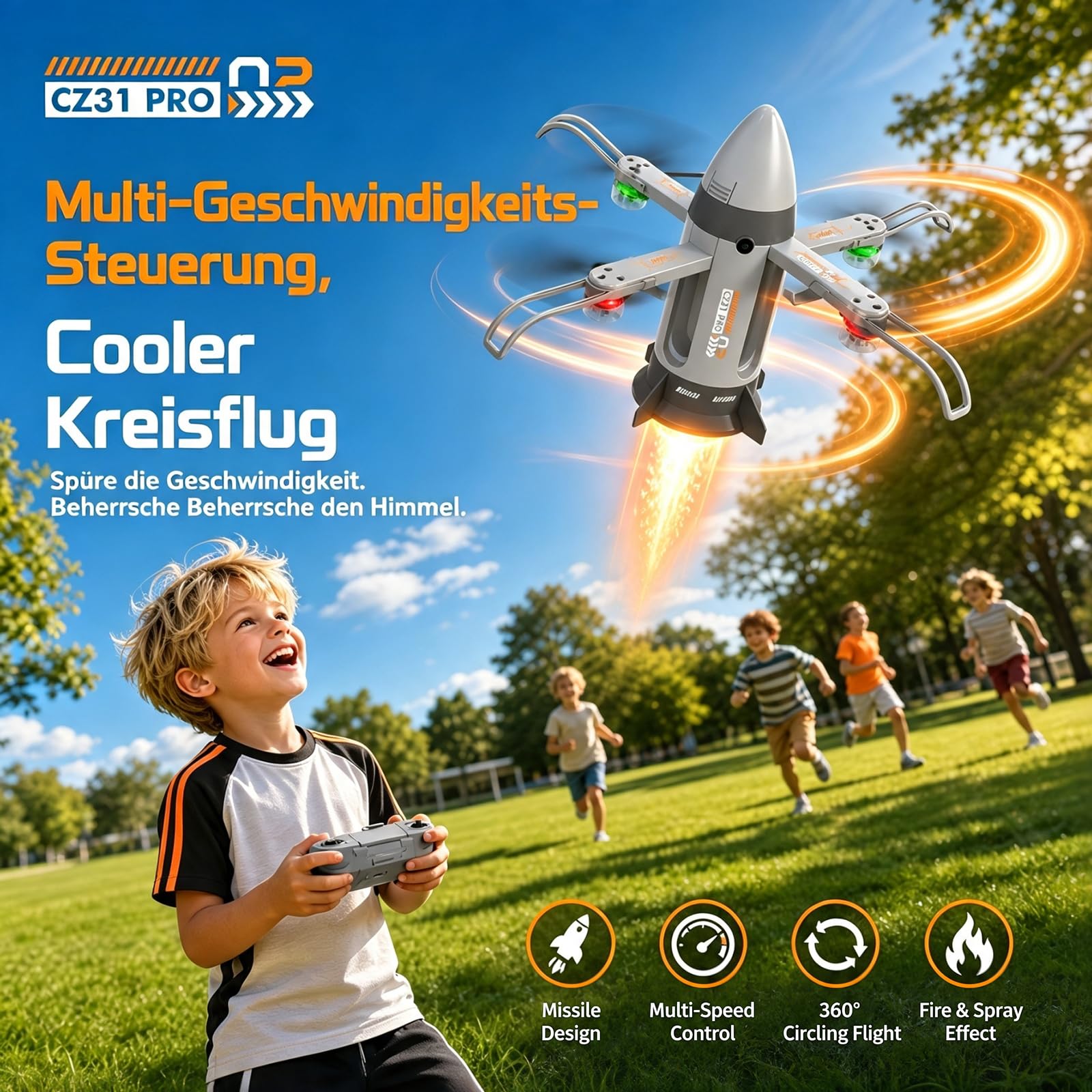 Bürstenlose Faltbare RC Drohne mit Raketen-Sprühfunktion, LED-Licht Kamera Drohne für Erwachsene Kinder, 4-Achsen-Flugzeug mit Höhenhaltung, Fernsteuerung Raumfahrt Flugzeug für Outdoor (Grau)