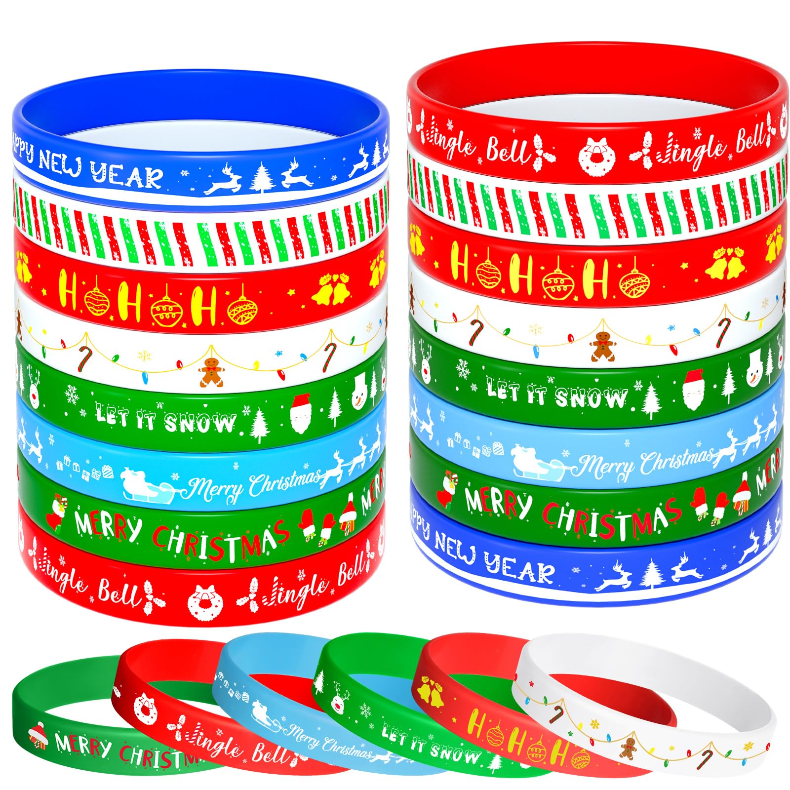 NEBURORA 24pcs Christmas Silicone Bracelet 8 Style Rubber Wristband Xmas Pattern Wrist Band for Merry Christmas Theme Party Decor Supplies