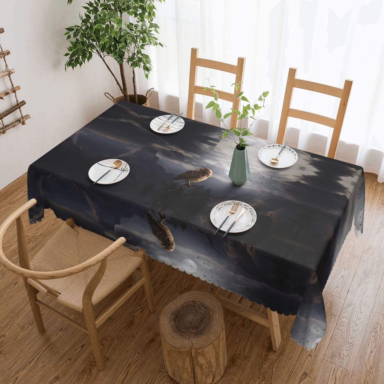 LPLSNWS Evil Owl Patterned square lace tablecloth, oil-resistant, washable, suitable for home use as a dining table cover.