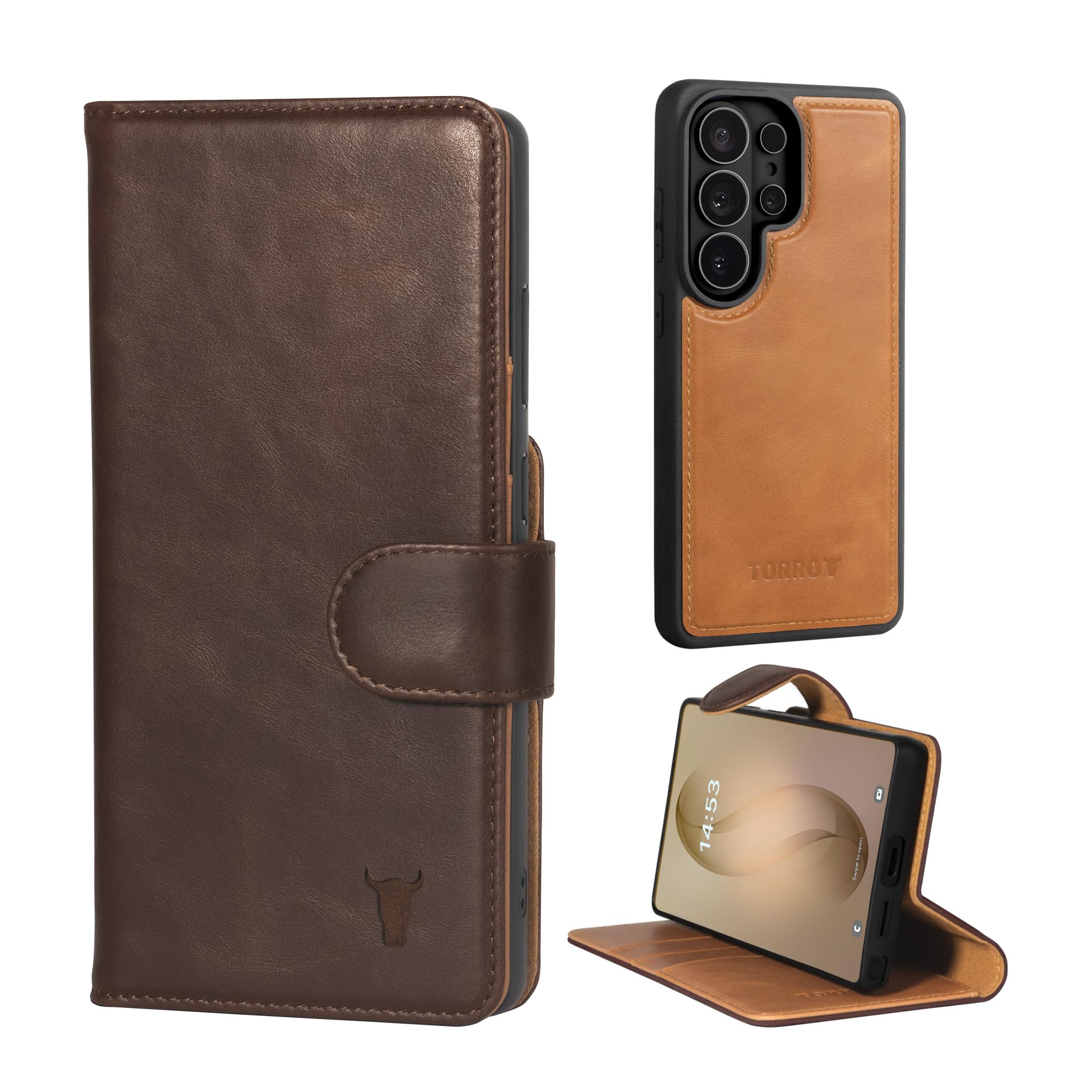 TORRO Étui en Cuir Véritable Compatible avec Samsung Galaxy S26 Ultra 5G 2025 - Coque Pare-Chocs avec Portefeuille Détachable Magnétique avec Béquille (Marron Foncé)