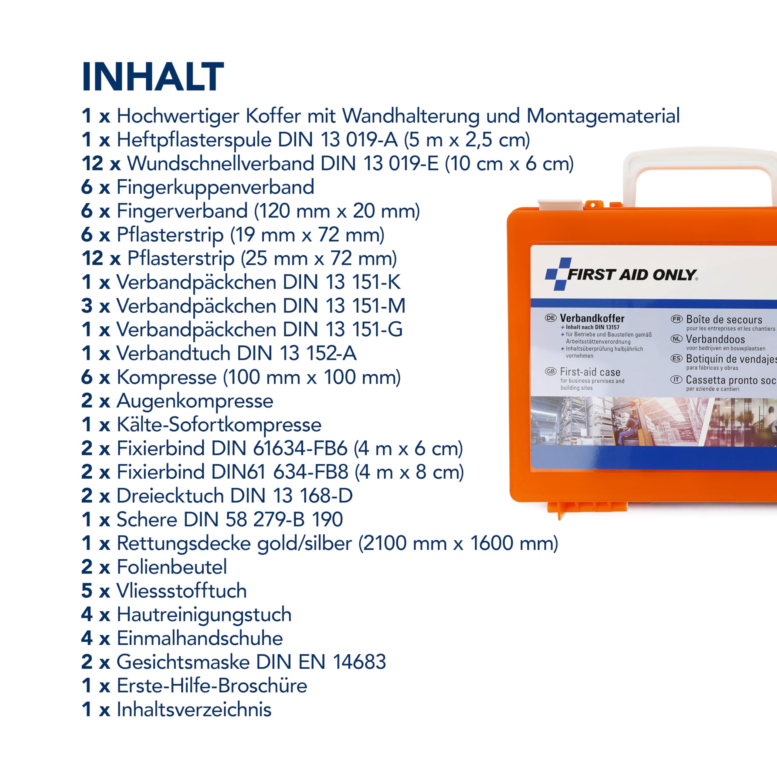 First Aid Only Erste Hilfe Koffer DIN 13157 mit Wandhalterung | Kompakter Verbandskasten für Betriebe und Haushalte gefüllt nach DIN 13157:2021 | Inkl. Tragegriff & Montagematerial | P-51002 00