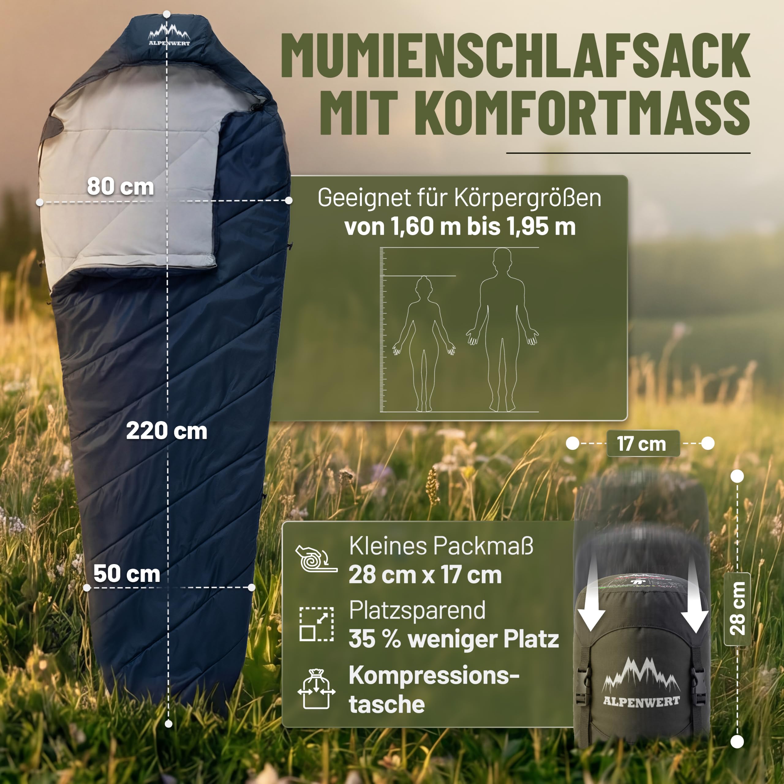 ALPENWERT® Schlafsack Sommer Ultraleicht & klein [17x27cm Packmaß] – Wasserabweisend, YKK Reißverschluss, Kältebrücke & Einklemmschutz – Perfekt für Camping & Festival