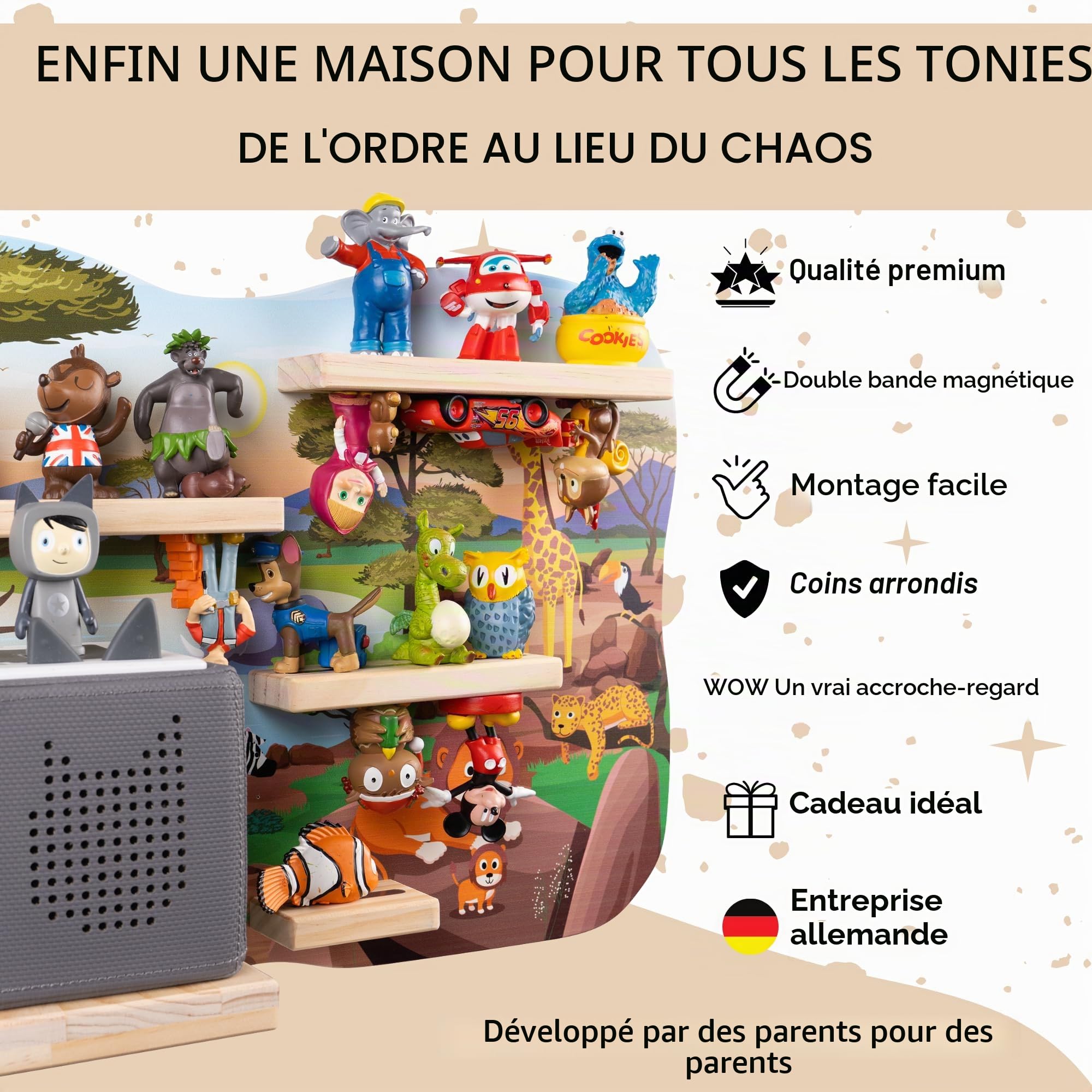 bunnyboo Toniebox Étagère pour Toniebox et figurines, suffisamment d'espace pour jusqu'à 32 figurines auditives Tonie Safari, qualité certifiée, pour garçons et filles