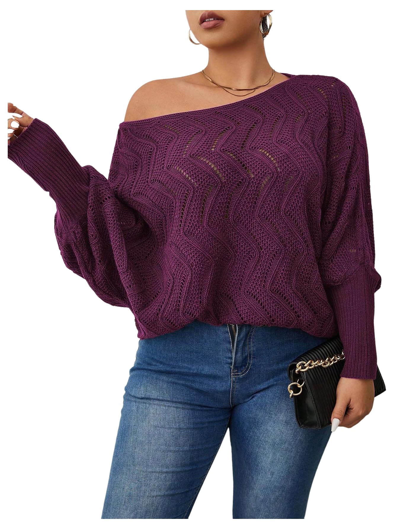 MakeMeChic Womens Plus Size Sweater Crochet Dolman Long Sleeve Off Shoulder Fall Knit Pullover Tops