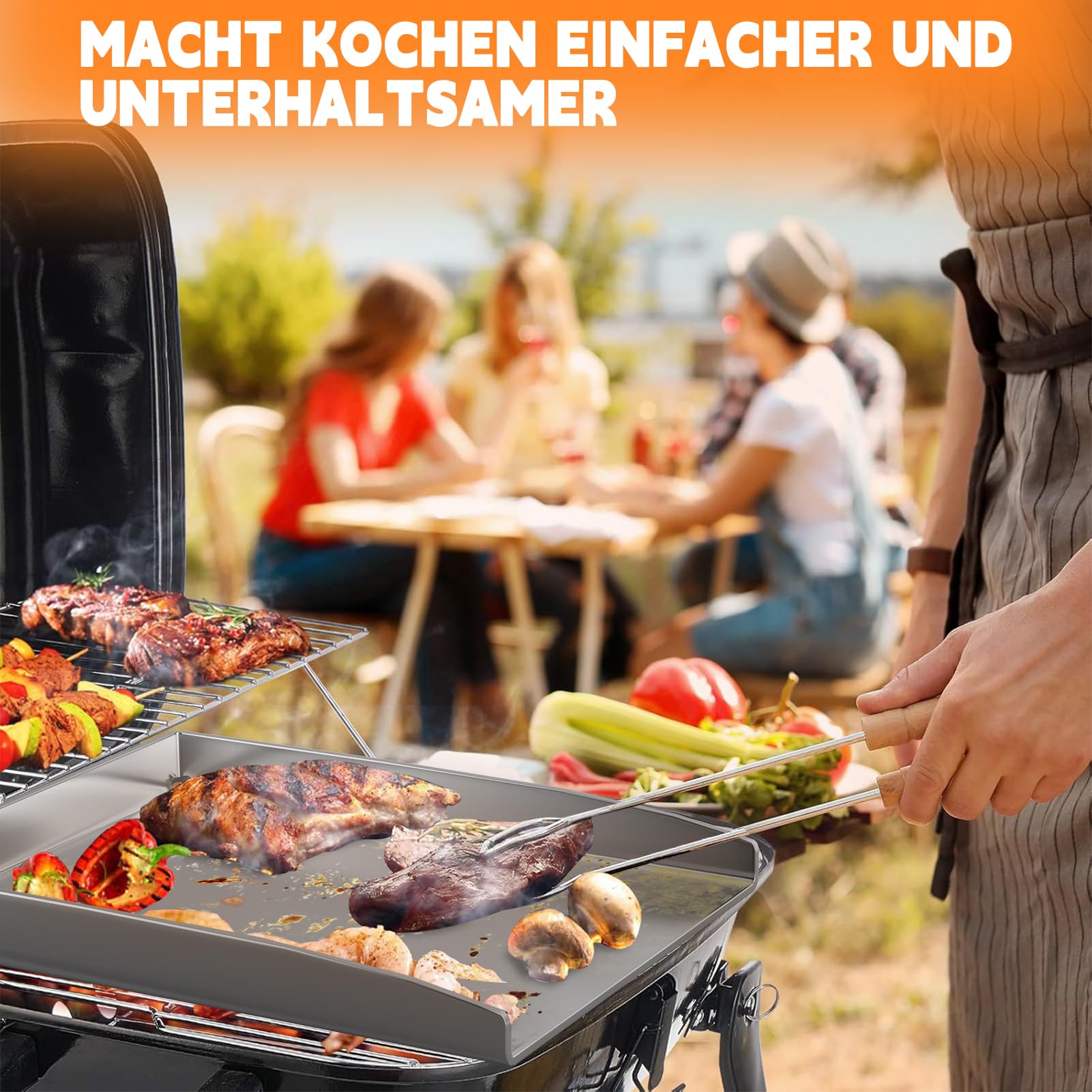 Universelle Edelstahl Plancha Grillplatte 40.5×31CM mit 5MM verdickt | mit Fettablauf, Spülmaschinenfest inkl. für BBQ Gasgrill & Kohlegrill Geeignet