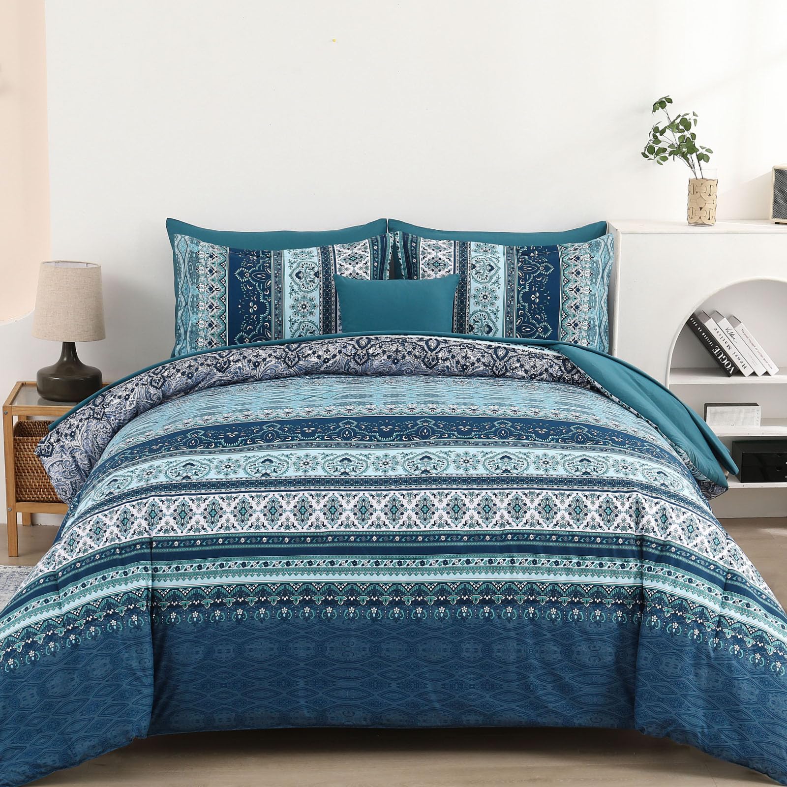 Cottolester Boho Full Size Comforter Set 8 Pieces, Teal Blue Comforter Bohemian Striped Bed in A Bag, Soft Microfiber Bedding Set for All Seasons