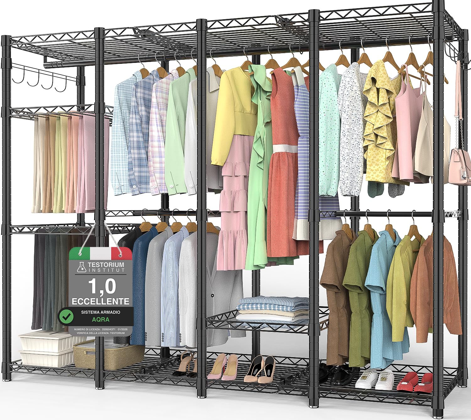 AQRA Stand Appendiabiti in Metallo, Altezza Del Ripiano Regolabile, Grande Capacità Guardaroba, 4 Metodi di Assemblaggio, per Appendere i Vestiti, Riporre i Vestiti, 193,5W×43,5D×195H (Nero)