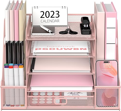 SUPEASY Organizador de escritorio de malla con soporte para archivos, organizador de bandeja de papel de 5 niveles con soporte para revistas,