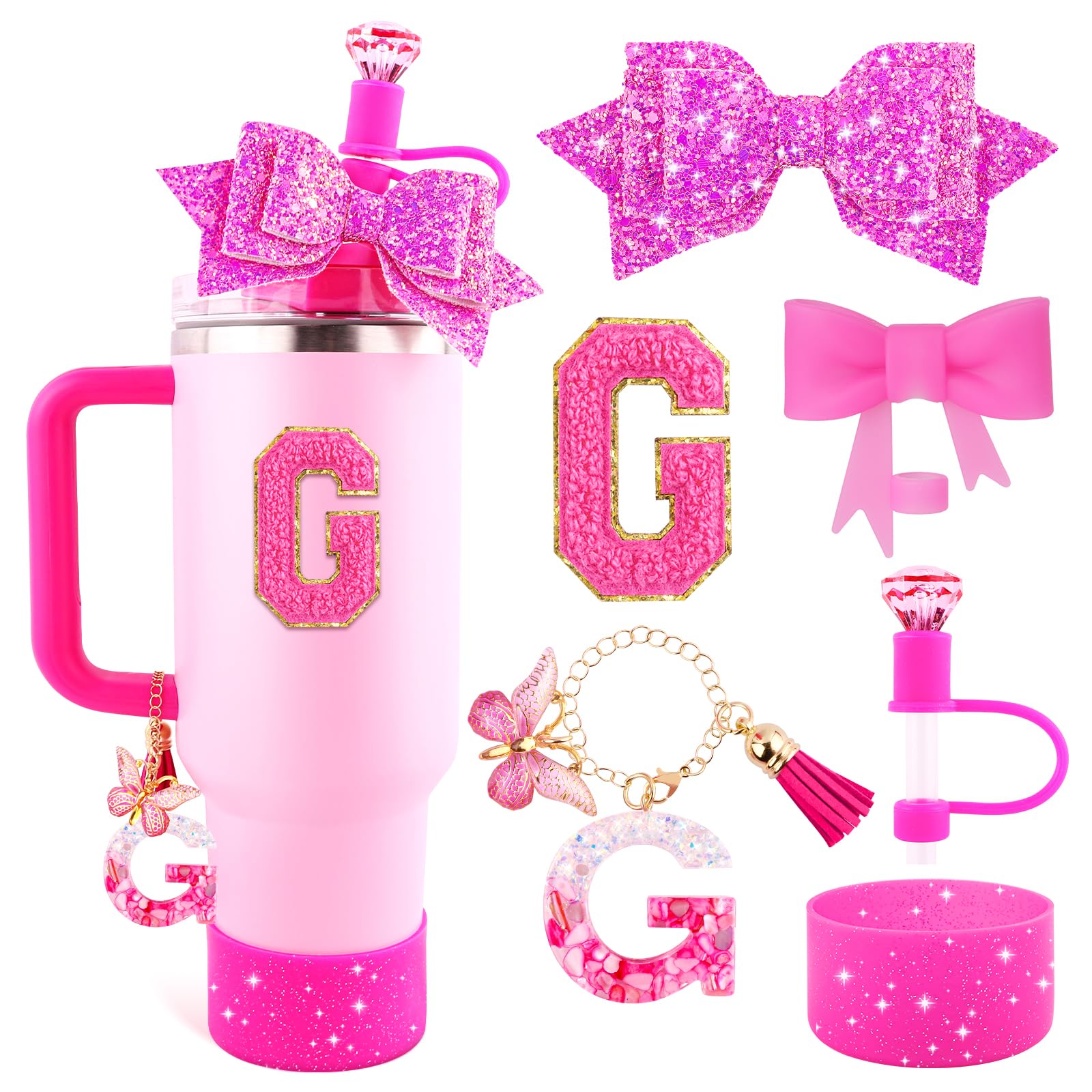 Lingdeer Rose Pink Cup Accessories Set for Stanley 30OZ&40OZ Tumbler with Handle, Letter Charms, Bow & Diamond Straw Covers, Glitter Silicone Boot, Personalized Sticker for Stanley Cup Accessories (G)