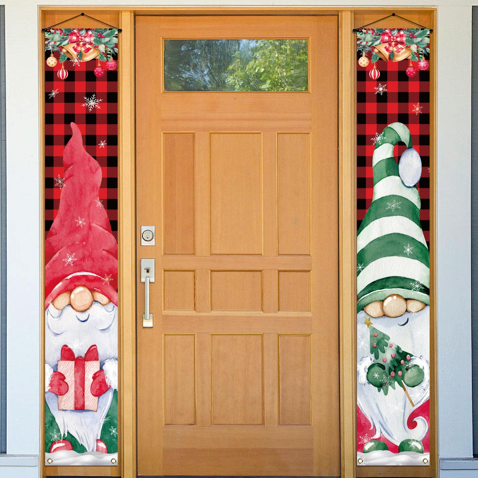 Merry Christmas Gnome Porch Banner Red and Black Buffalo Check Plaid Swedish Tomte Scandinavian Front Door Decoration