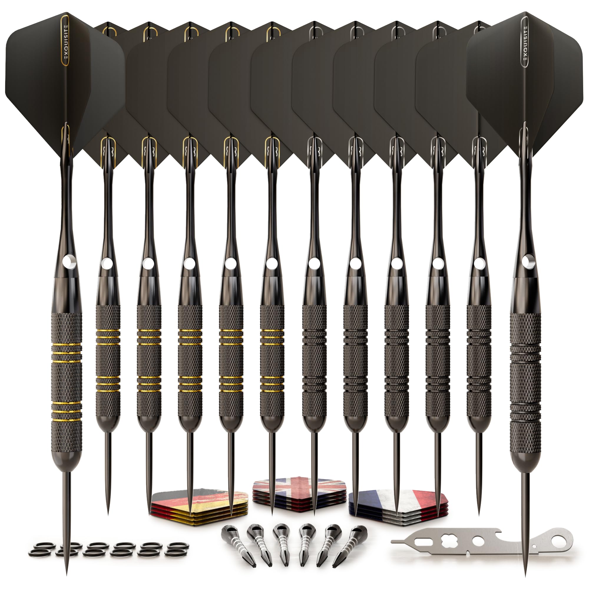 Darts Set | Professional 12 X 20/22g Metal Tip Darts | Steel Tip Darts with 24 Flights & 18 Aluminum shafts + Dart Tool, Rubber O-Rings