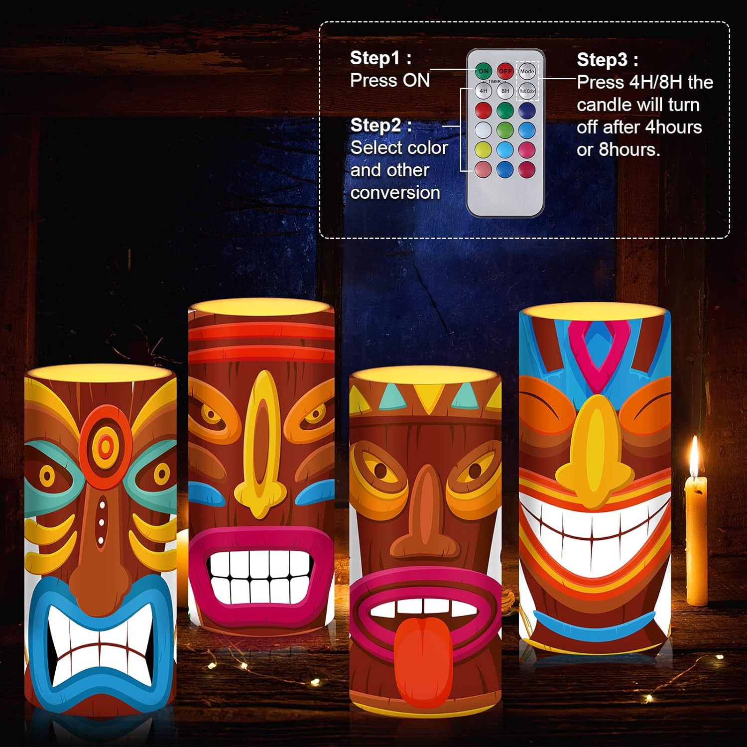 Tiamon Tribal Tiki Flameless Candles Led Hawaiian Battery Operated Luau Flickering Candles with 18-Key Remote Timer Pillar for Summer Holiday Tiki Bar Party Table Decorations