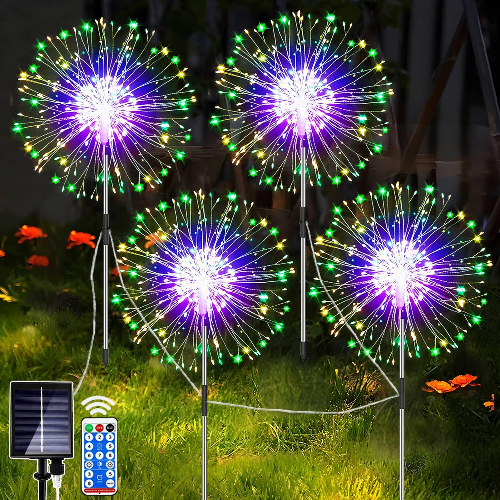 yowin Solar Firework Lights 4x120 LED Christmas Lights, 8 Modes Firefly Christmas Garden Light, IP65 Waterproof Copper Wire Starburst Stake Light for Outdoor Xmas Patio Path Decorations - Multicolor