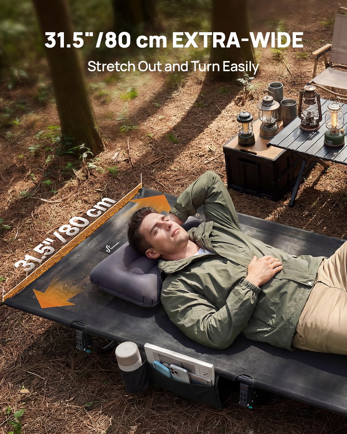 Sportneer Lit de camping compact ultraléger, lit de camping extra large de 80 cm, lit de camping pliable avec poche latérale, lit de tente portable avec sac de transport pour voyage, camping