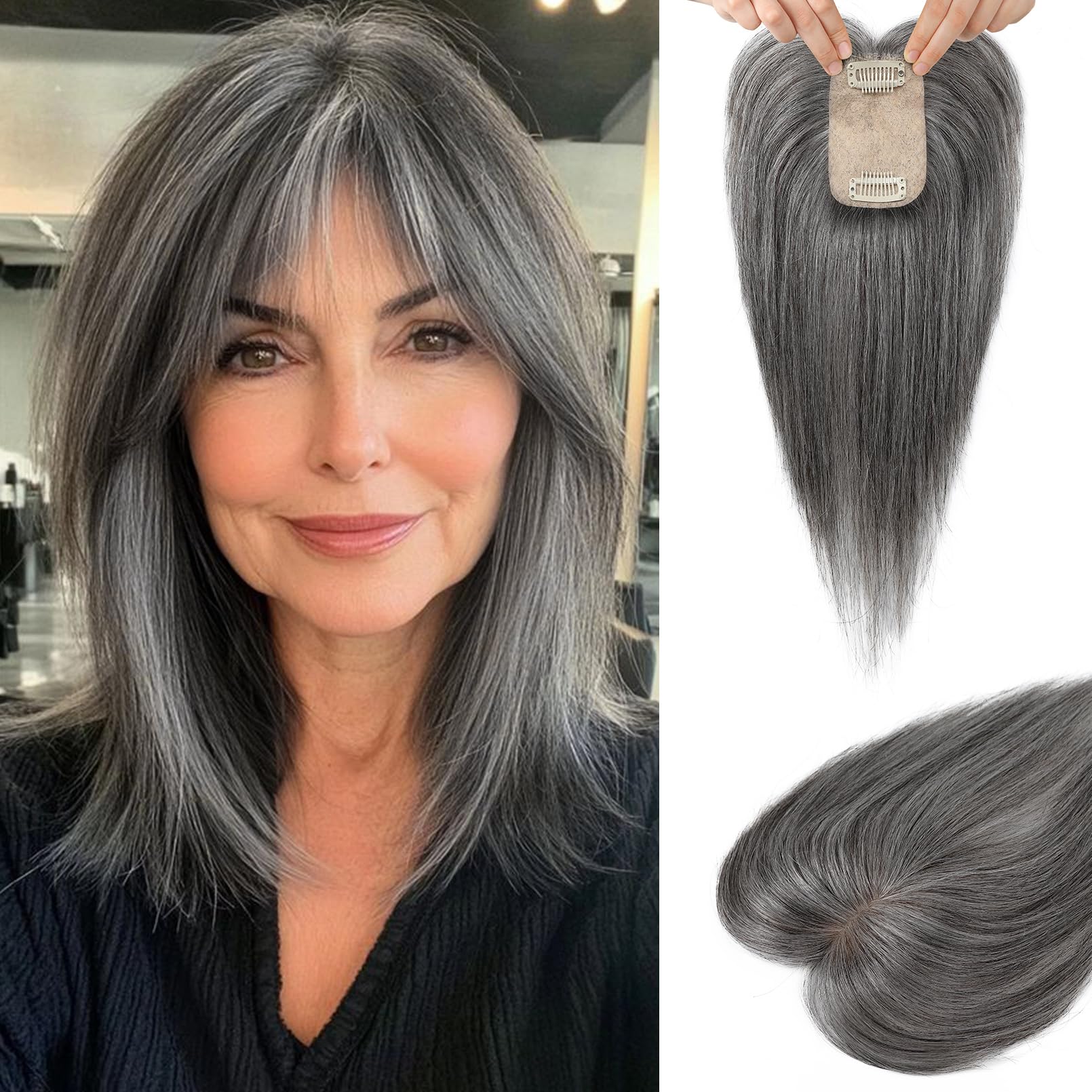 Flufymooz Real Human Hair Toppers for women, 10 Inch Clip in Bangs 100％ Human Hair Toppers for Thinning Hair, Cover Hairpiece with 150% Density Silk