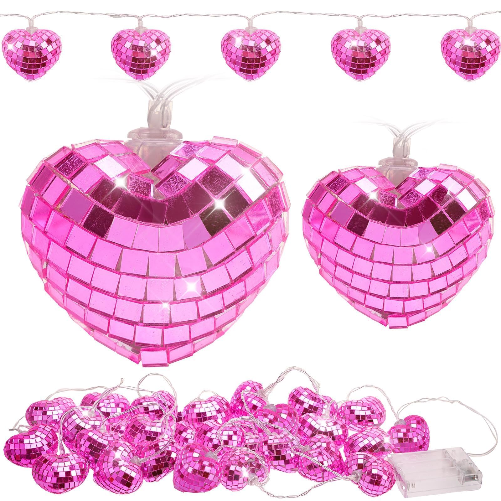 24 Valentine’s Day Disco Ball String Lights LED Love-Heart Mirror Disco Ball Ornaments Bachelorette Party Supplies Mini Disco Ball Tree Ornament Disco Ball with String (Pink)