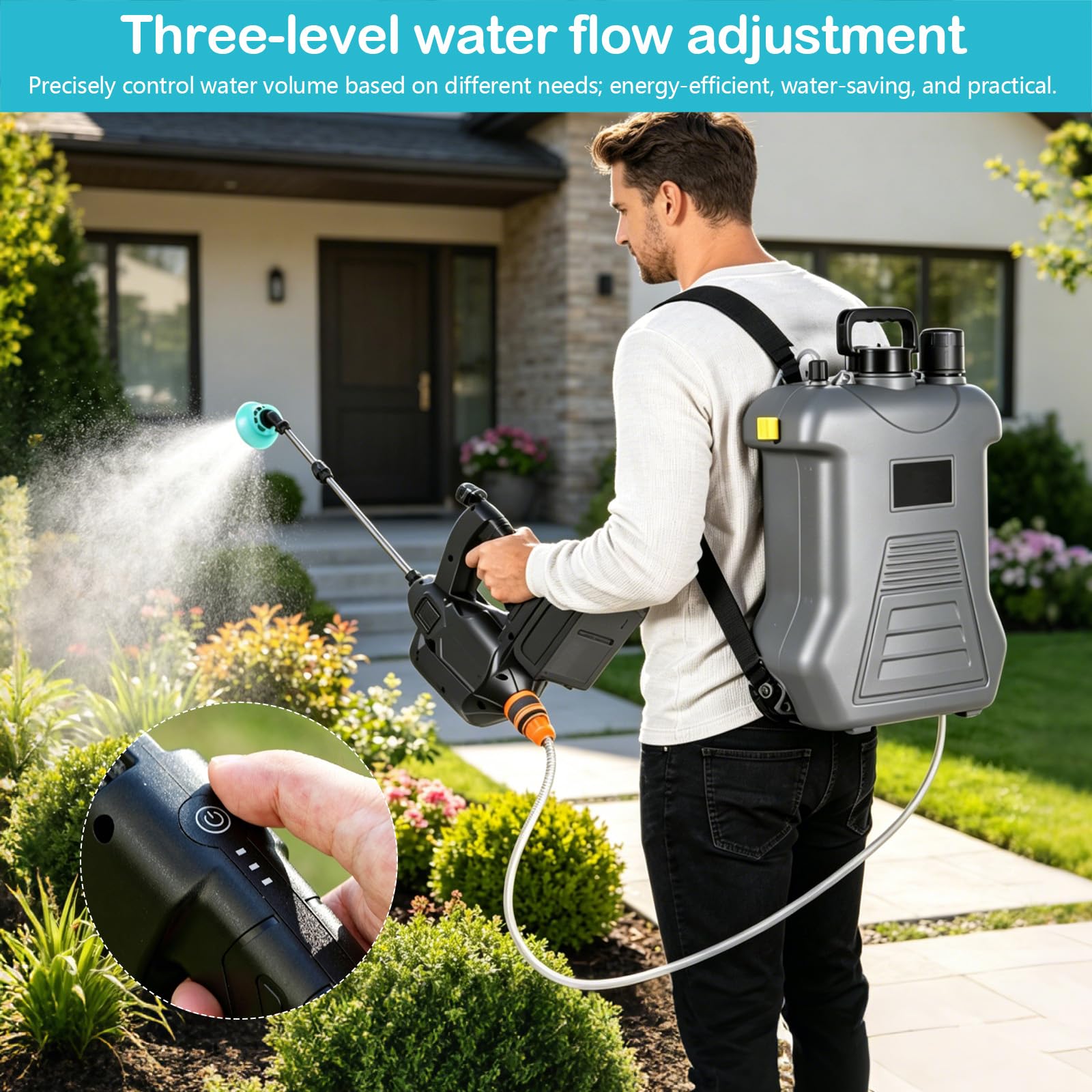 22L Akku-Drucksprühgerät, 21V, mit 3m Schlauch, 6 Düsen, Einfüll- und Absaugfilter, Schultergurt, 3-stufig Einstellbarer Wasserfluss, mit Rädern, für Gartenarbeit, Autowäsche und Bewässerung