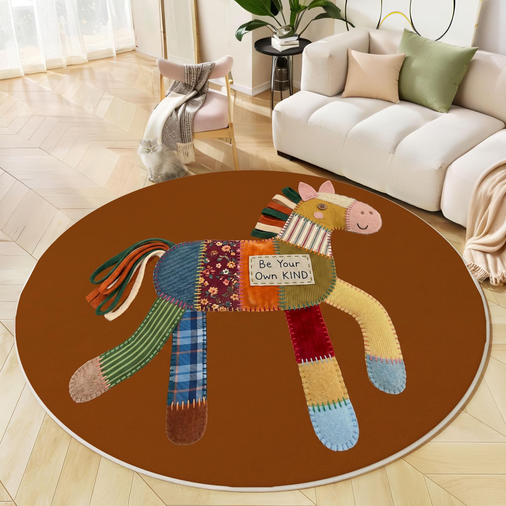 Tapis salon rond 160cm en tissu patchwork multicolore fait main