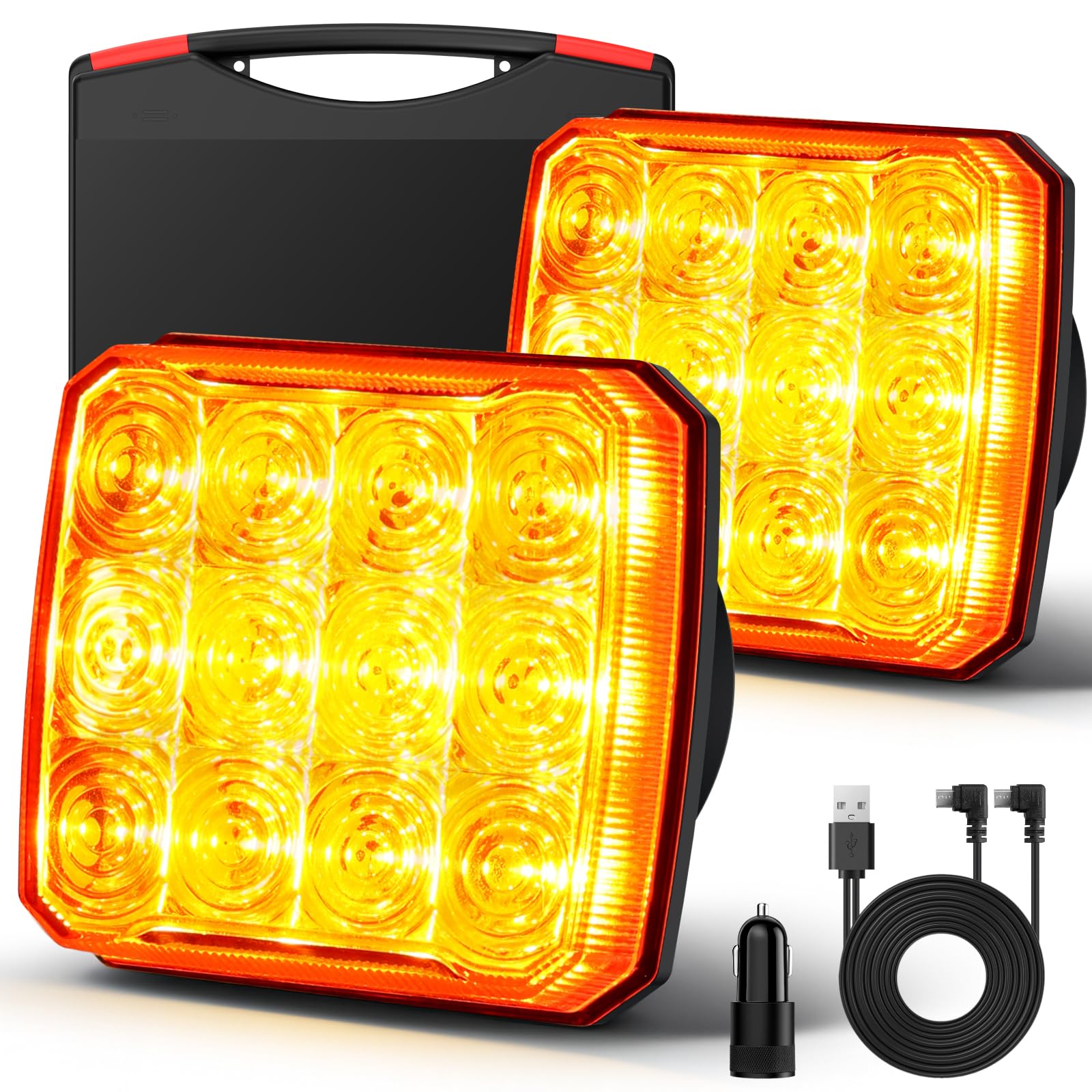AUTOUTLET 2 Pezzi 12 LED Luci di Emergenza Magnetiche Ricaricabili,IP65 Impermeabile e 18 Modalità Strobe,Luci Lampeggianti Senza Fili per Trattori Camion Agricoli,Conforme E9 E57,12V/24V