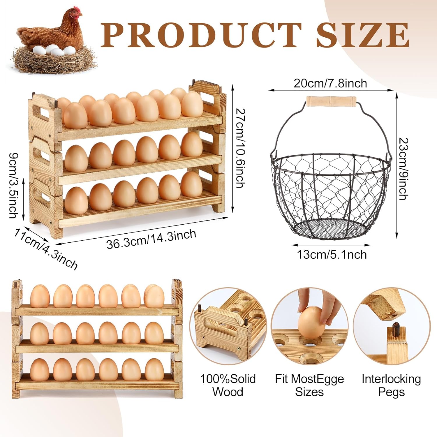 2 Pcs Egg Collecting Rack Kit Include Easter Wooden Fresh Egg Holder Countertop and Farmhouse Wire Eggs Basket with Handle for Gathering Fresh Eggs Vintage Home Storage Kitchen Organizer