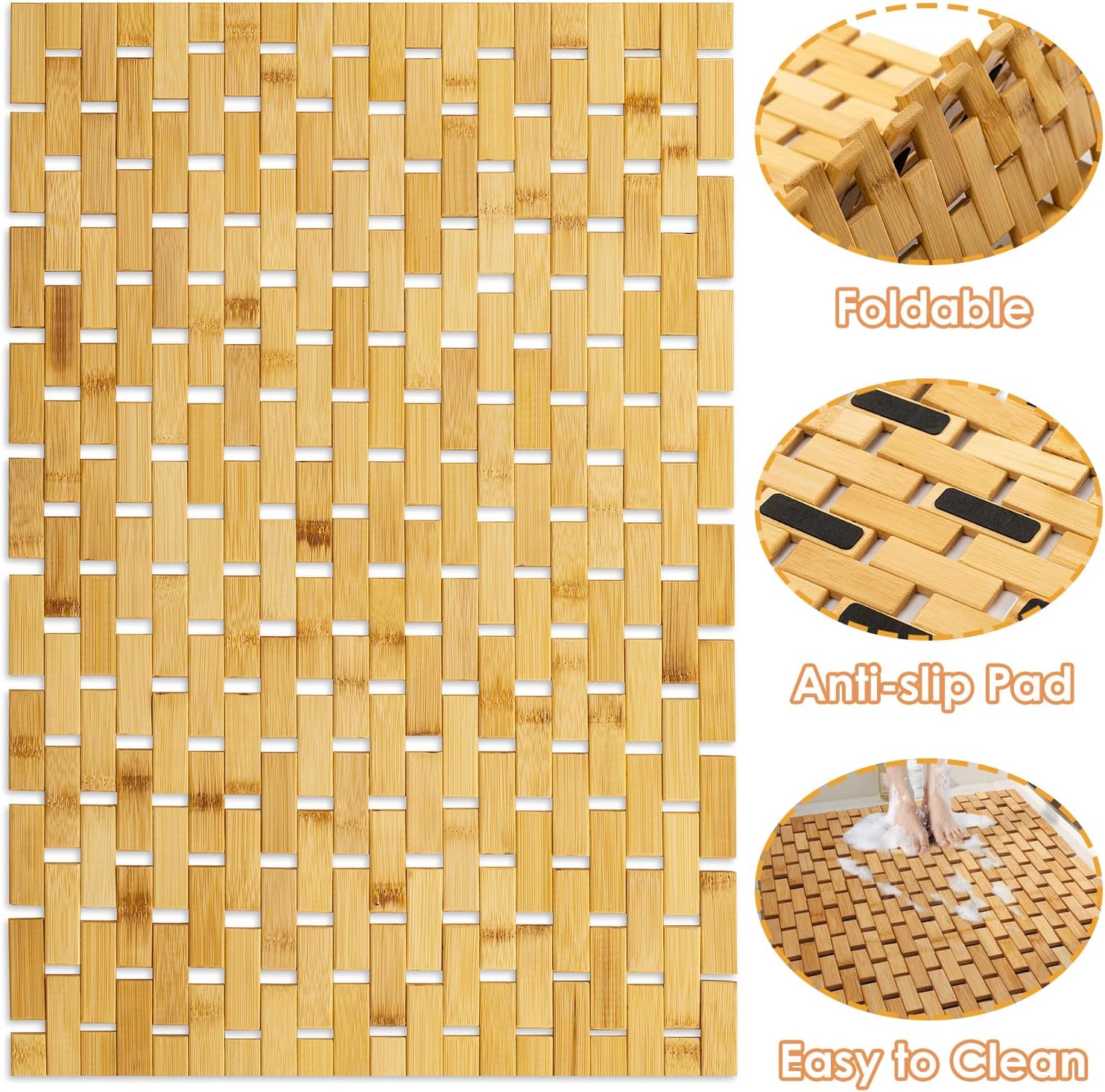 Bamboo Bath Mat with Anti Slip Pads,19.7x27.6 inches Bathroom Shower and Bathtub Floor Mats,Non Slip Water Proof Mat,Indoor Outdoor Use for Kitchen Bedroom Bathroom Toilet Pet Mat Floor Rug
