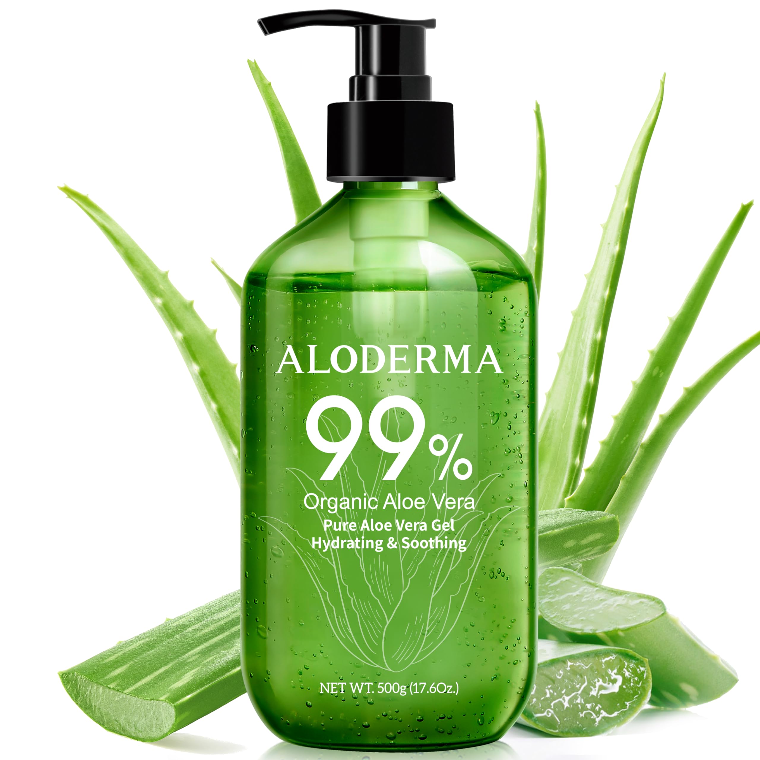 Aloderma 99% Organic Pure Aloe Vera Gel Made within 12 Hours of Harvest, 17.6oz Value Pump, Lightweight Non-Sticky Aloe Vera Gel for Sunburn Relief, Natural, Soothing Aloe Vera for Face & HairUSDA Organic