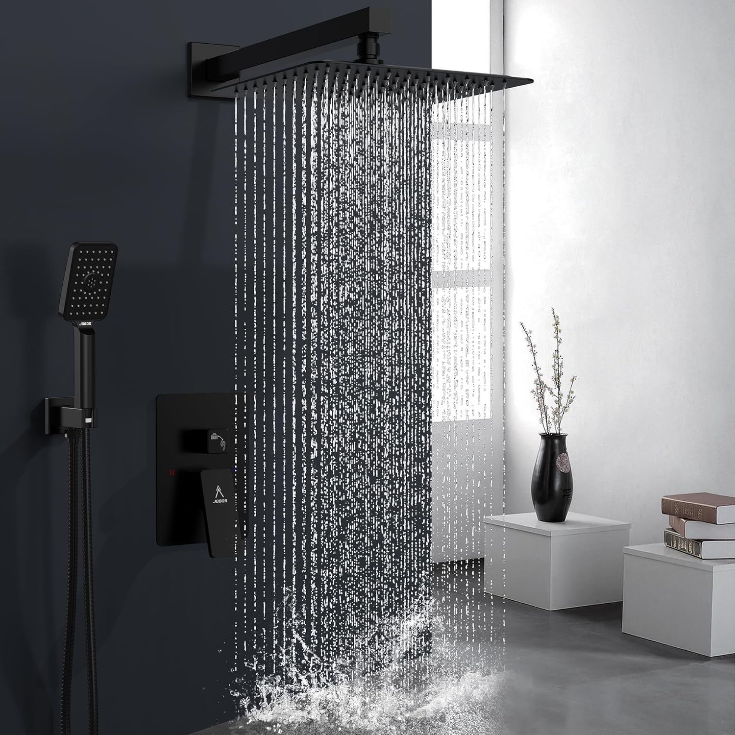 Rain Shower System 10IN Modern Brass Faucet Set With Valve and Diverter Shower Mixer With Handheld High Pressure Square Rainfall Shower Valve (10'' Wall Mount, Matte Black)