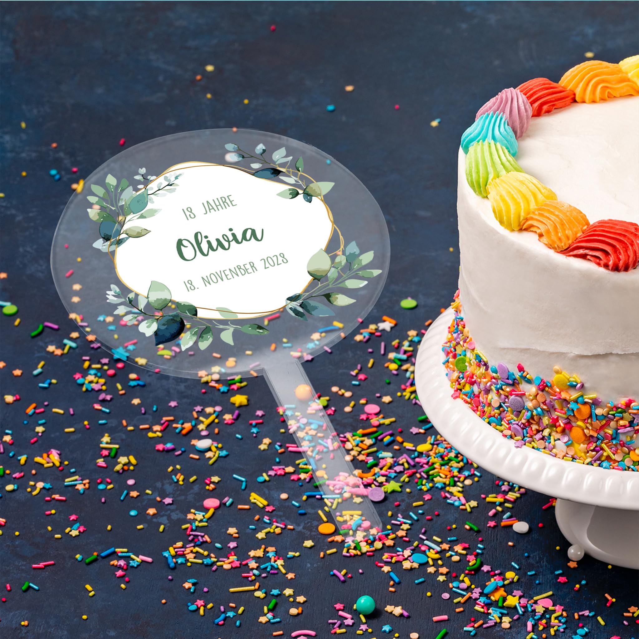 Herz & Heim® Personalisierter Tortentopper für Taufe, Kommunion, Firmung, Konfirmation – Acrylglas Cake Topper mit Name & Datum – 2 Größen (10 cm (Eukalyptus)) - 5