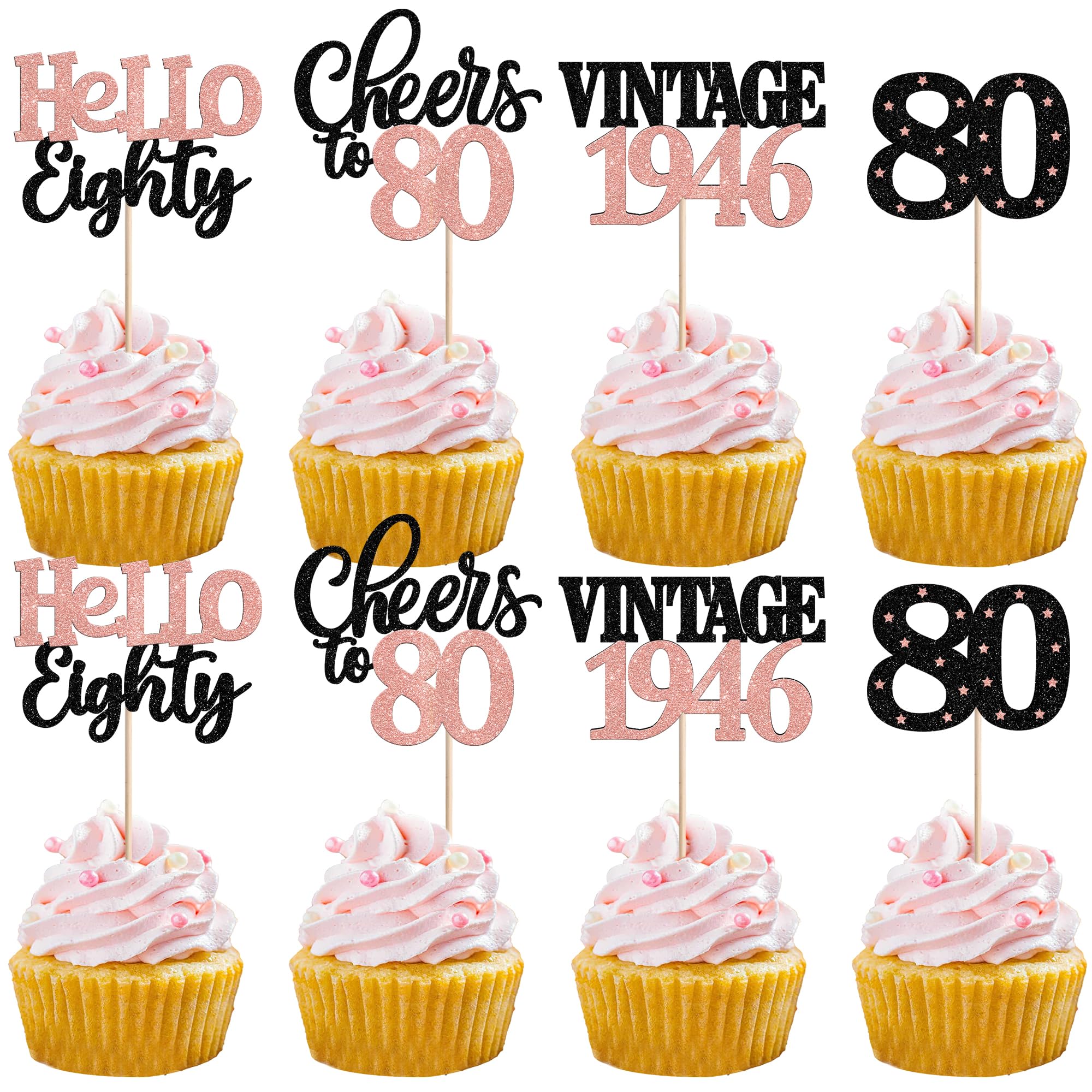 24 PCS Happy 80th Birthday Cupcake Toppers Star 80 Hello Eighty Vintage 1946 Cupcake Picks Cheers to 80 Years Decorations for him 80th Birthday