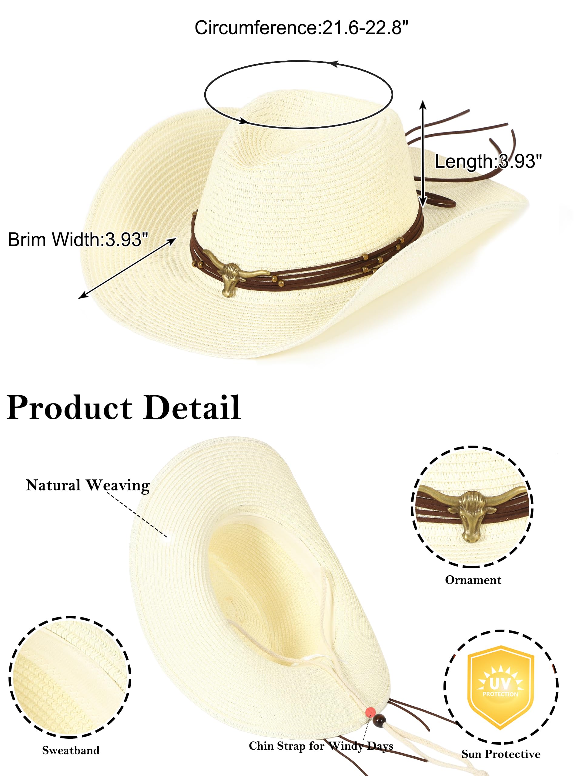 soul young Sombreros de vaquero para mujeres y hombres, sombrero de vaquero occidental de paja con correa de barbilla resistente al viento, gorra de playa