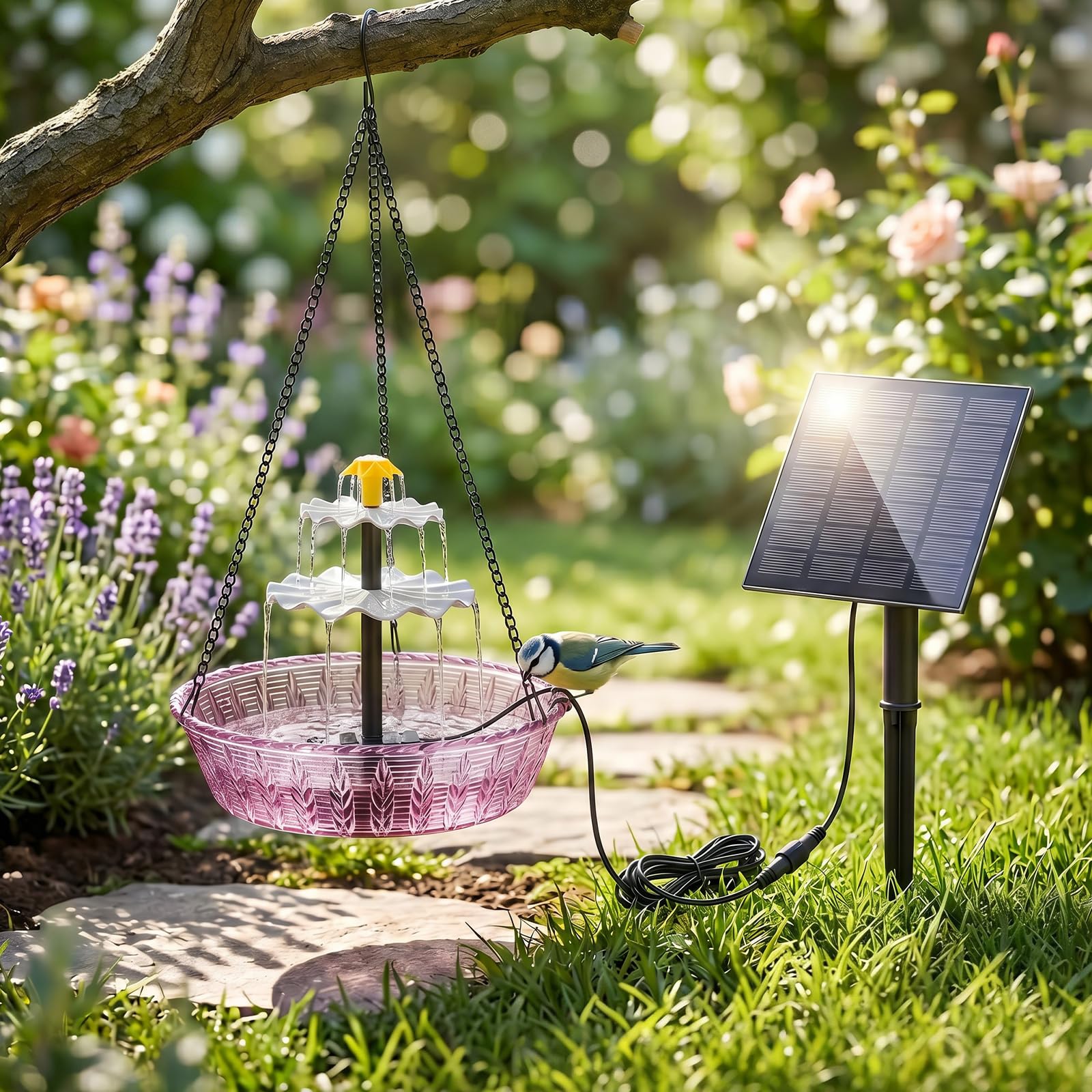Solar Cascade Hanging Bird Bath Fountain, Solar Powered Bird Bath with Water Pump for Wild Birds & Hummingbirds, Outdoor Water Feature for Garden, Patio Yard Lawn Decor