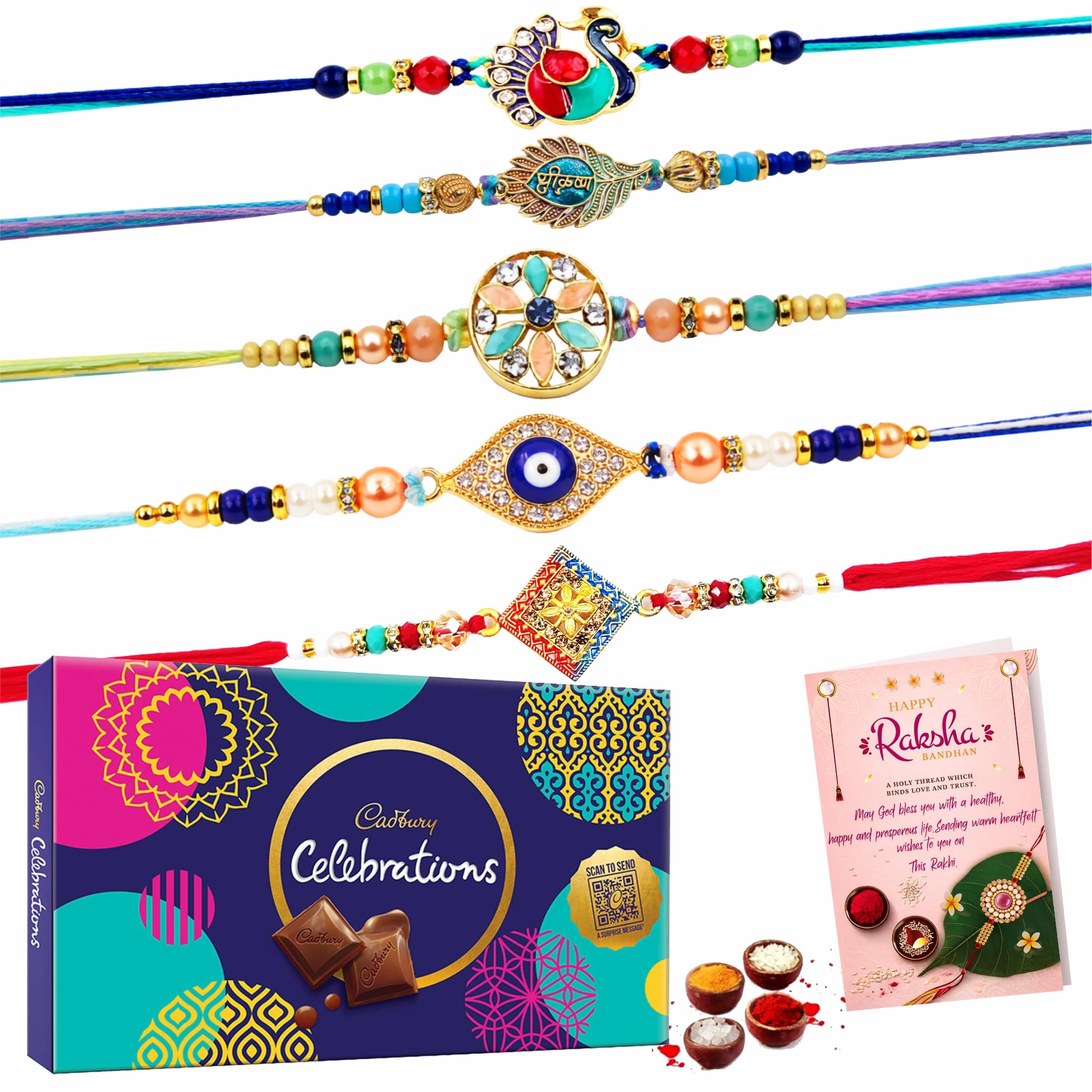 Celebration Chocolate Combo Gift for Brother and bhabhi Kids / 5 Combo Rakhi Set with Chocolate Pack Hamper/Raksha bandhan Gifts/Designer Evil Eye,Peacock,Krishana Ji,Premium Set-image-11