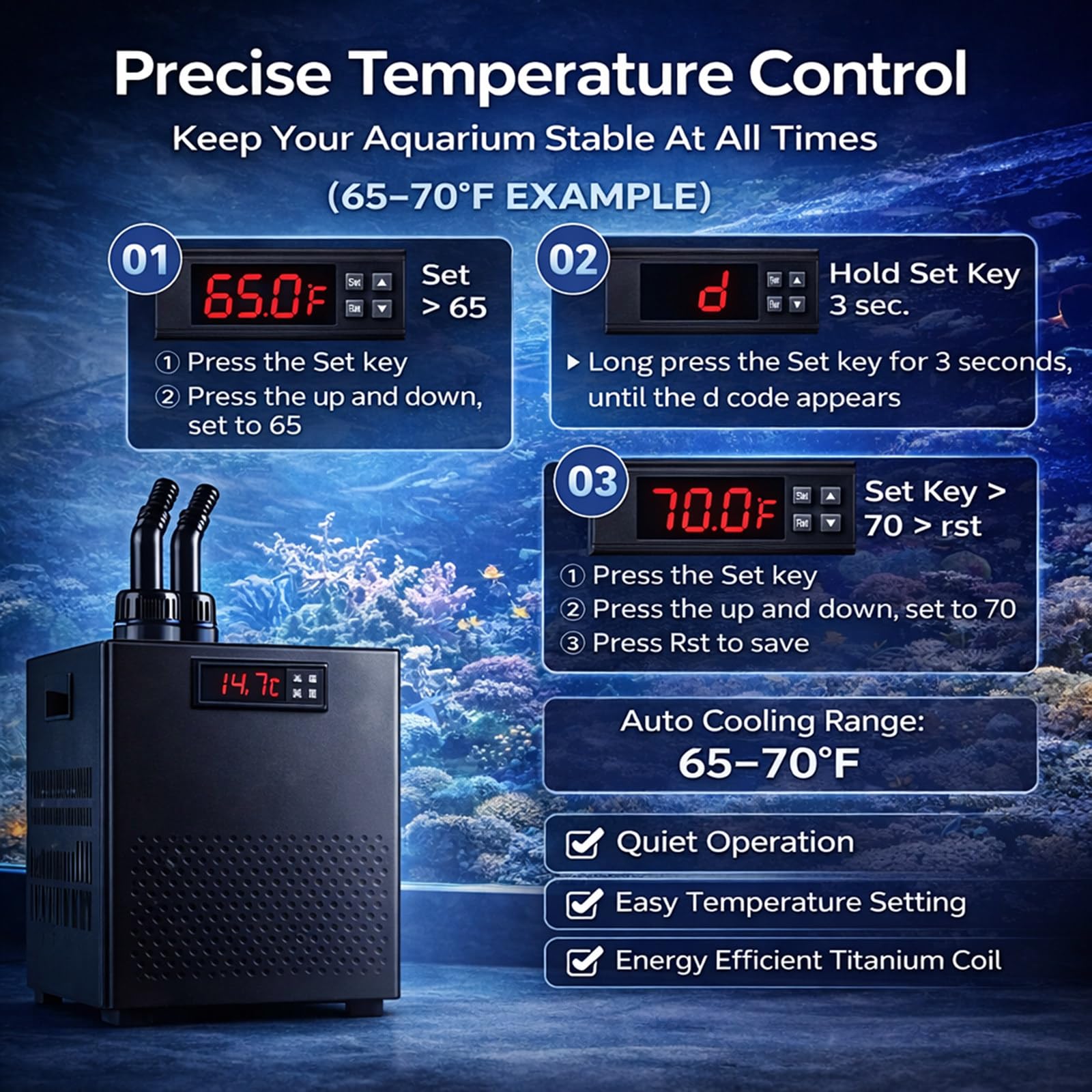 Funzionamento Silenzioso, Chiller per Acquario 160L 1/10 HP 270W, Refrigeratore per Vasca per Pesci con Controllo Digitale per Reef e Coralli