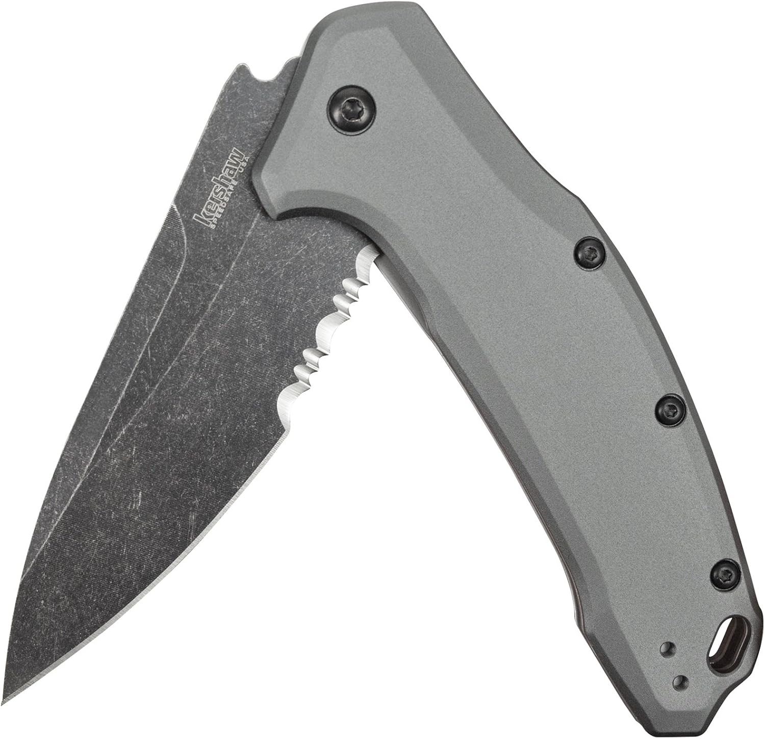 Kershaw Link Gray Aluminum Folding Pocket Knife (1776GRYBWST); 3.25” 420HC Stainless Steel Blade with Blackwash Finish, 2-Step Serration, SpeedSafe Opening, Liner Lock, Reversible Pocketclip; 4.8 OZ.