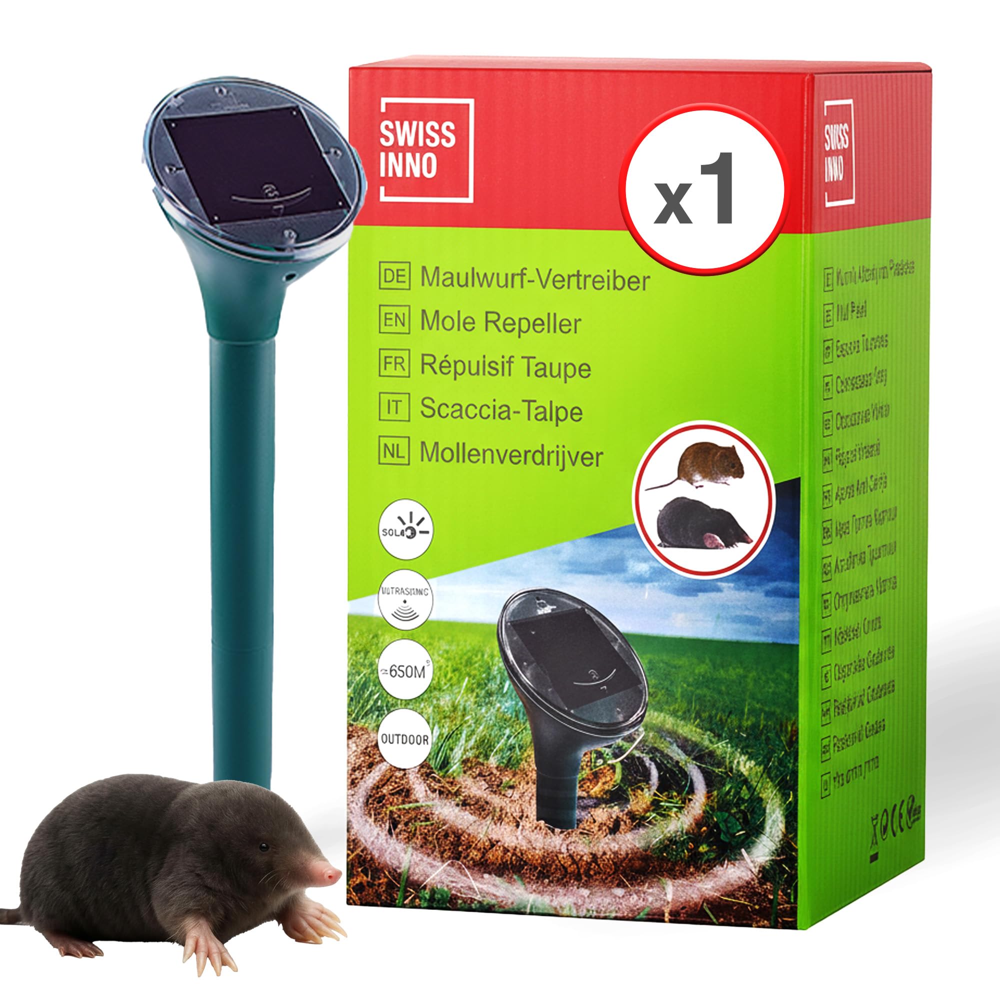 SWISSINNO Dissuasore solare talpe arvicole fino a 650 m² ultrasuoni vibrazioni anti roditori resistente alle intemperie per giardino prato funzionamento continuo giorno notte dispositivo 1 pezzo