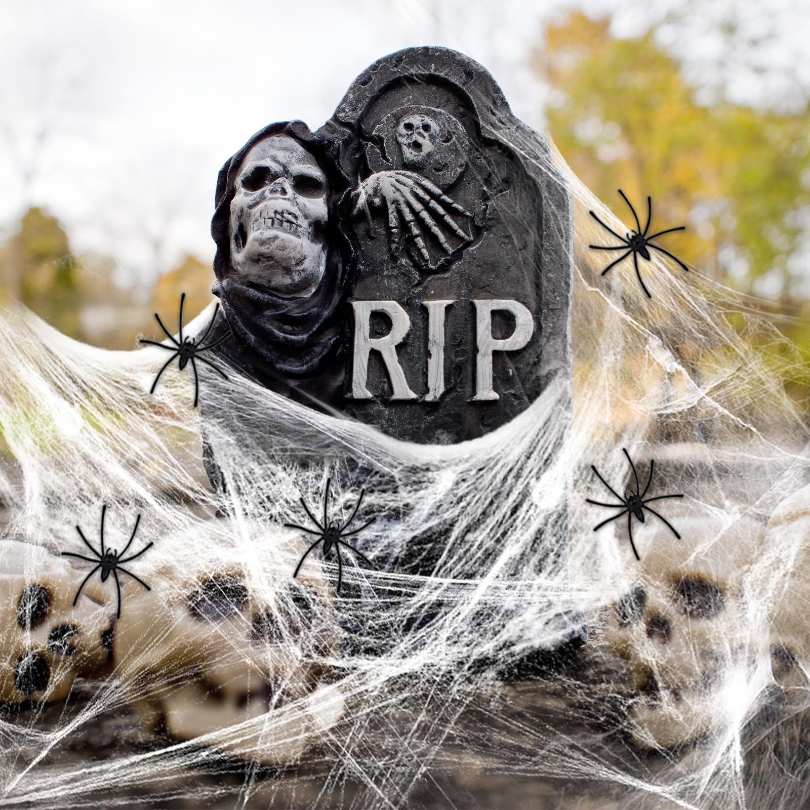 Dekoracyjna Pajęczyna na Halloween, 300 g, Biała, Do Użytku Wewnątrz i Na Zewnątrz, z 50 Czarnymi Pająkami z Horroru, 1500 m², Straszna Dekoracja
