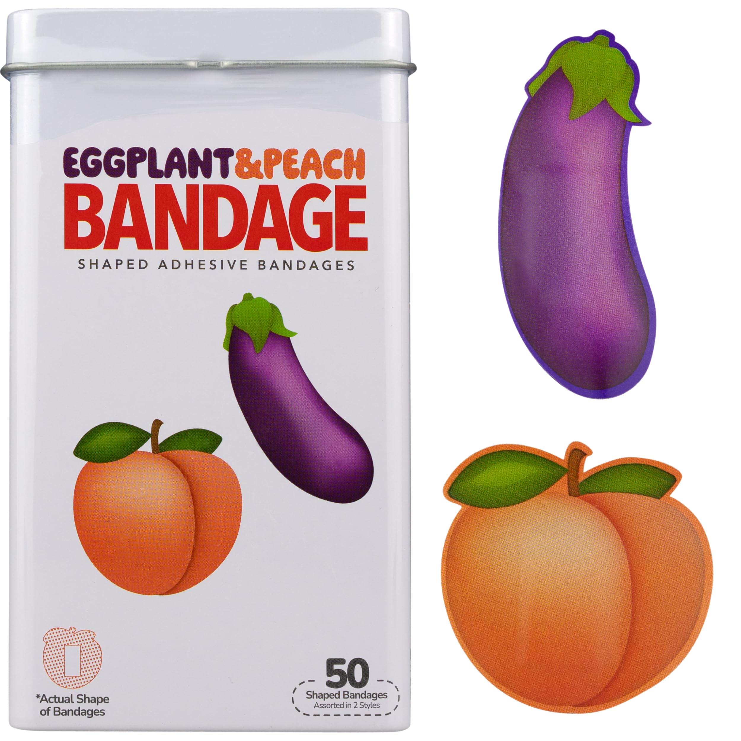 BioSwiss Funny Bandages, Eggplant and Peach Shaped Adult Novelty Self Adhesive Bandage Set, Latex Free, Sterile Wound Care, 50 Count