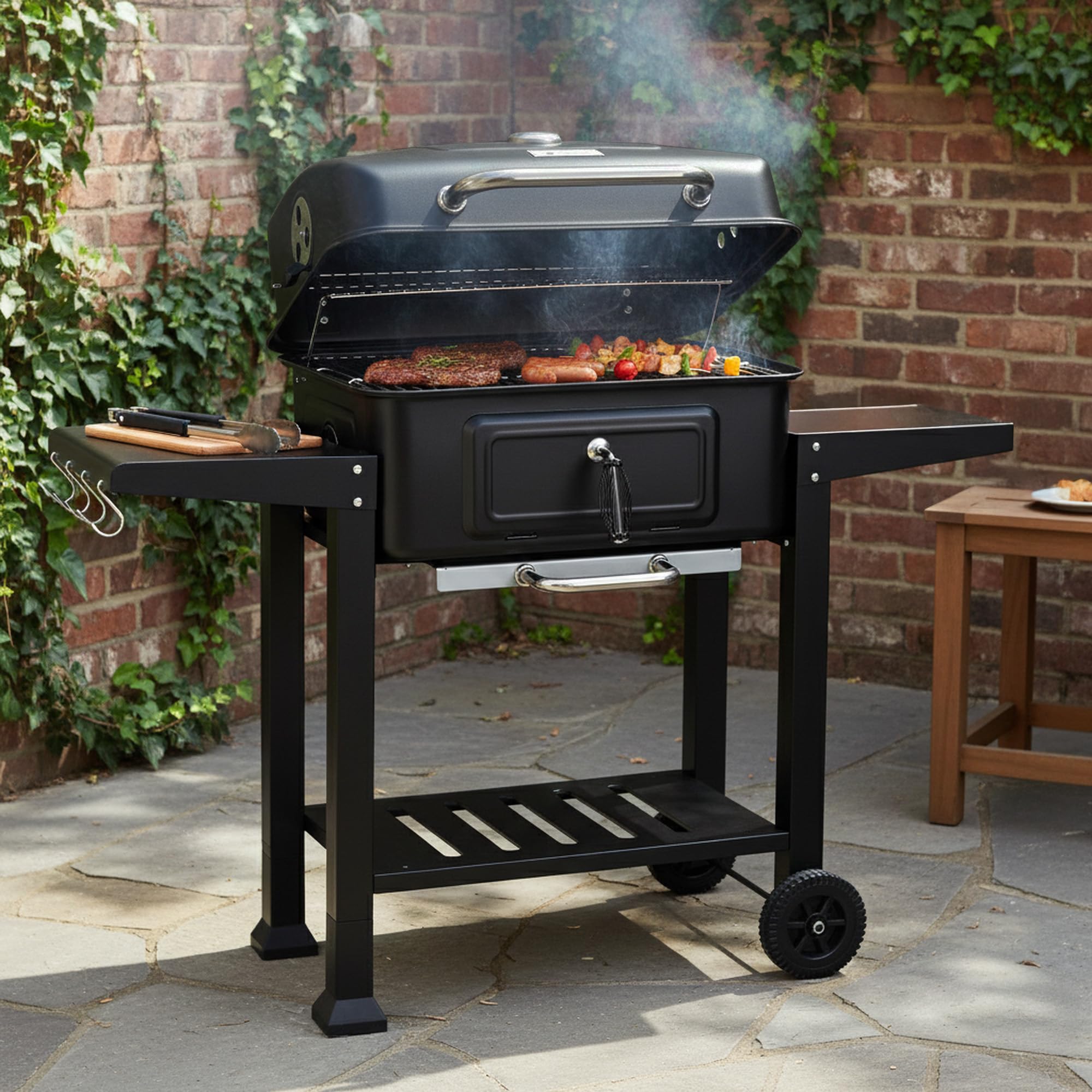BBQ-Toro Holzkohle Grillwagen mit höhenverstellbarer Kohleschale | Holzkohlegrill mit Deckel, Holzkohlegrillwagen mit Thermometer | Holzgrill, Smoker Grill, XXL Grill Groß