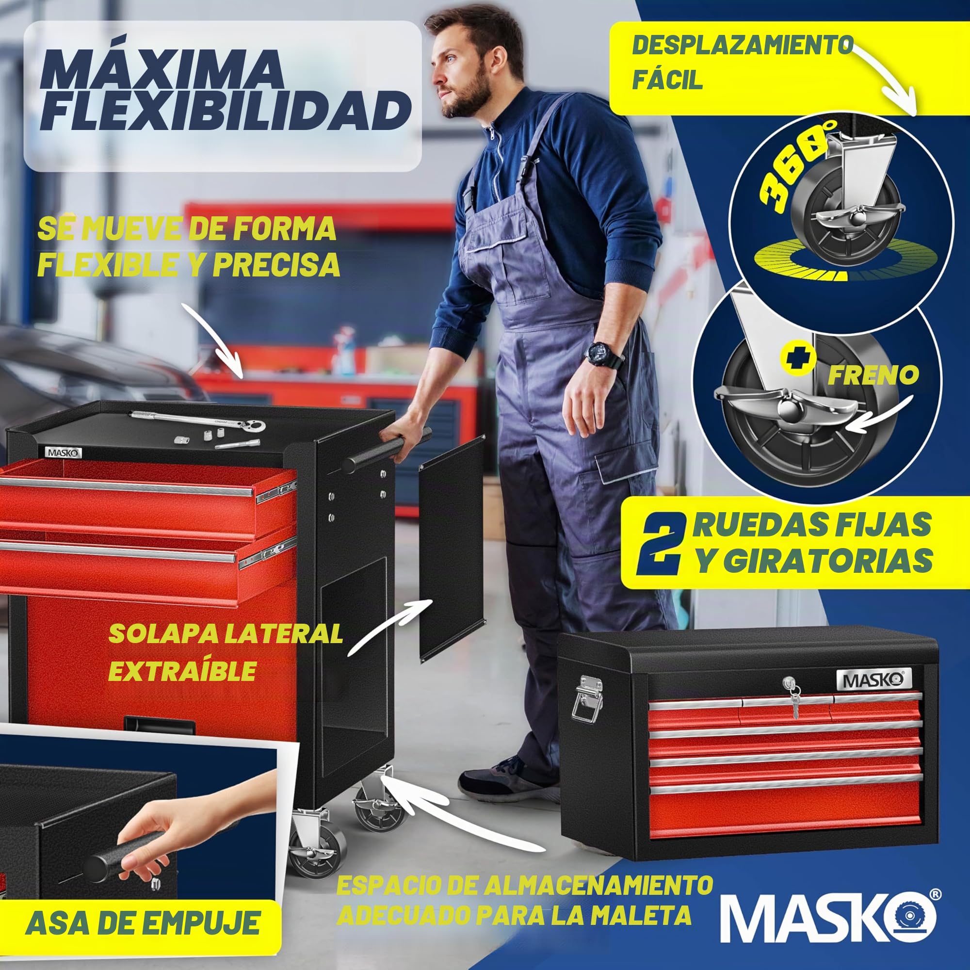 MASKO® Carro de taller con maletín incluido, 9 compartimentos con cerradura metal macizo, sin herramientas, para guardar herramientas, rojo