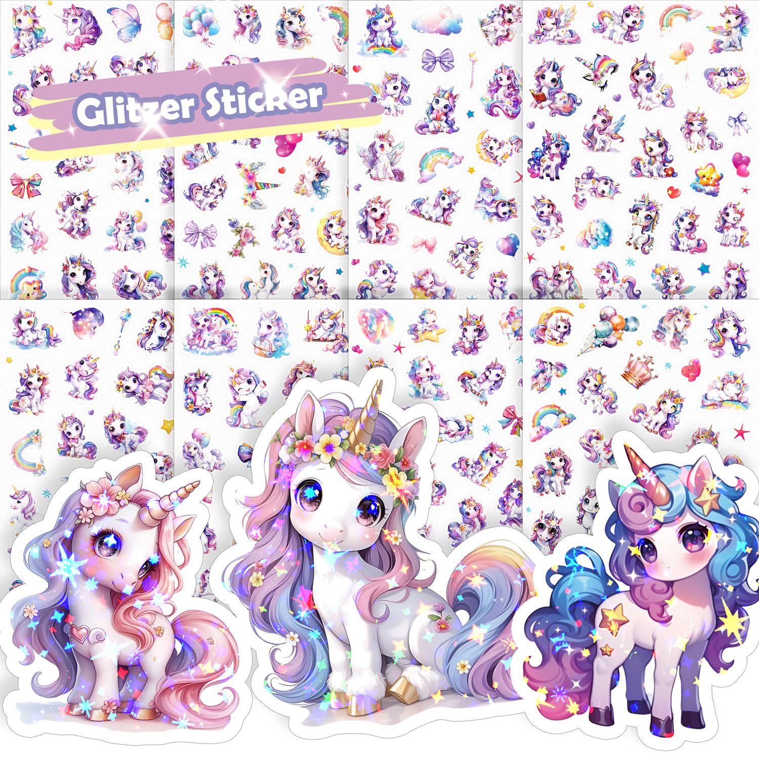 Magical Horse Glitter Stickers, 8 PCS Cute Mythical Horned Creature Stickers, Holographic Finish, Suitable for Books, School Bags, Tablets, Bicycles, and Drinking Cups